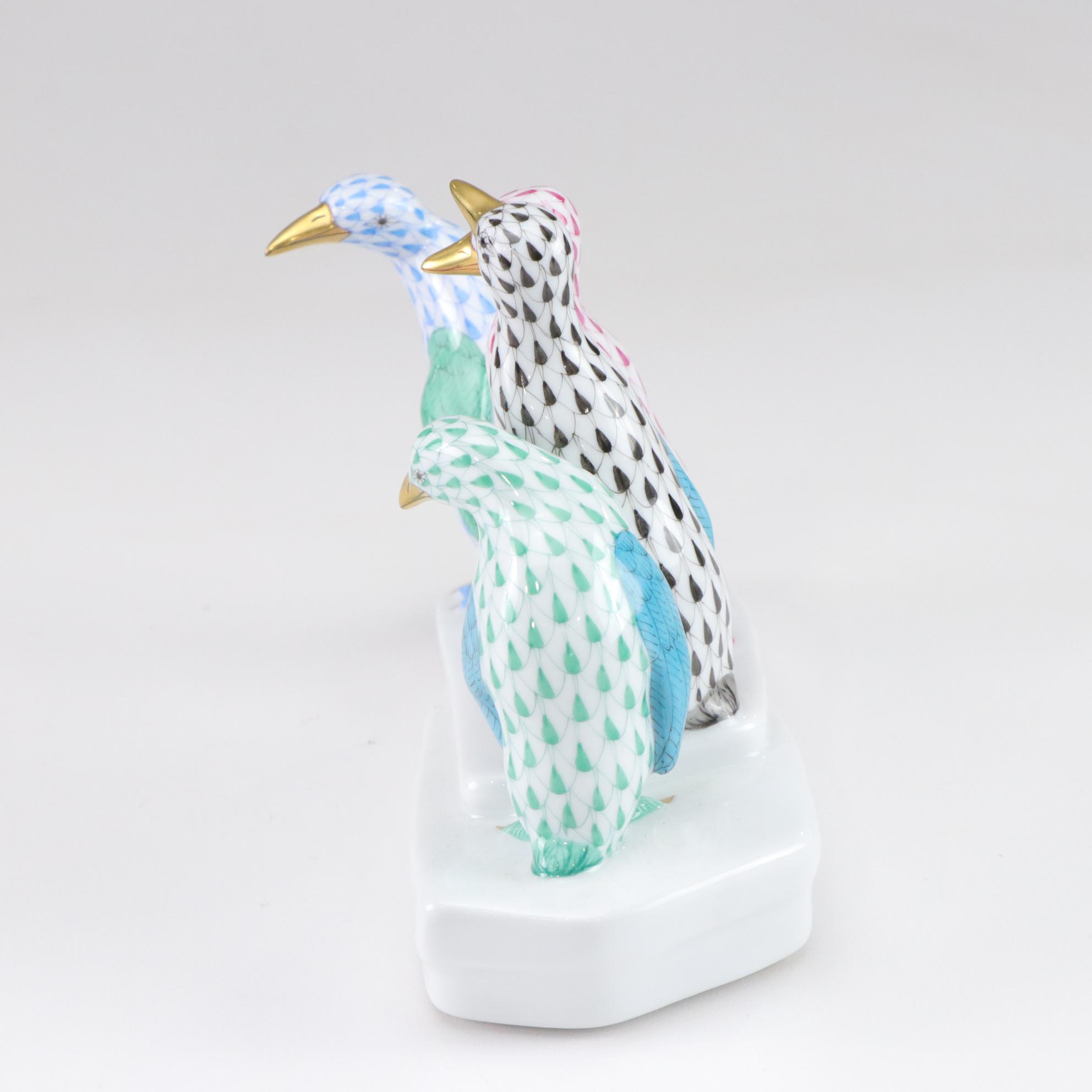 Herend Multicolor Fishnet with Gold "Penguins on Ice" Porcelain Figurine
