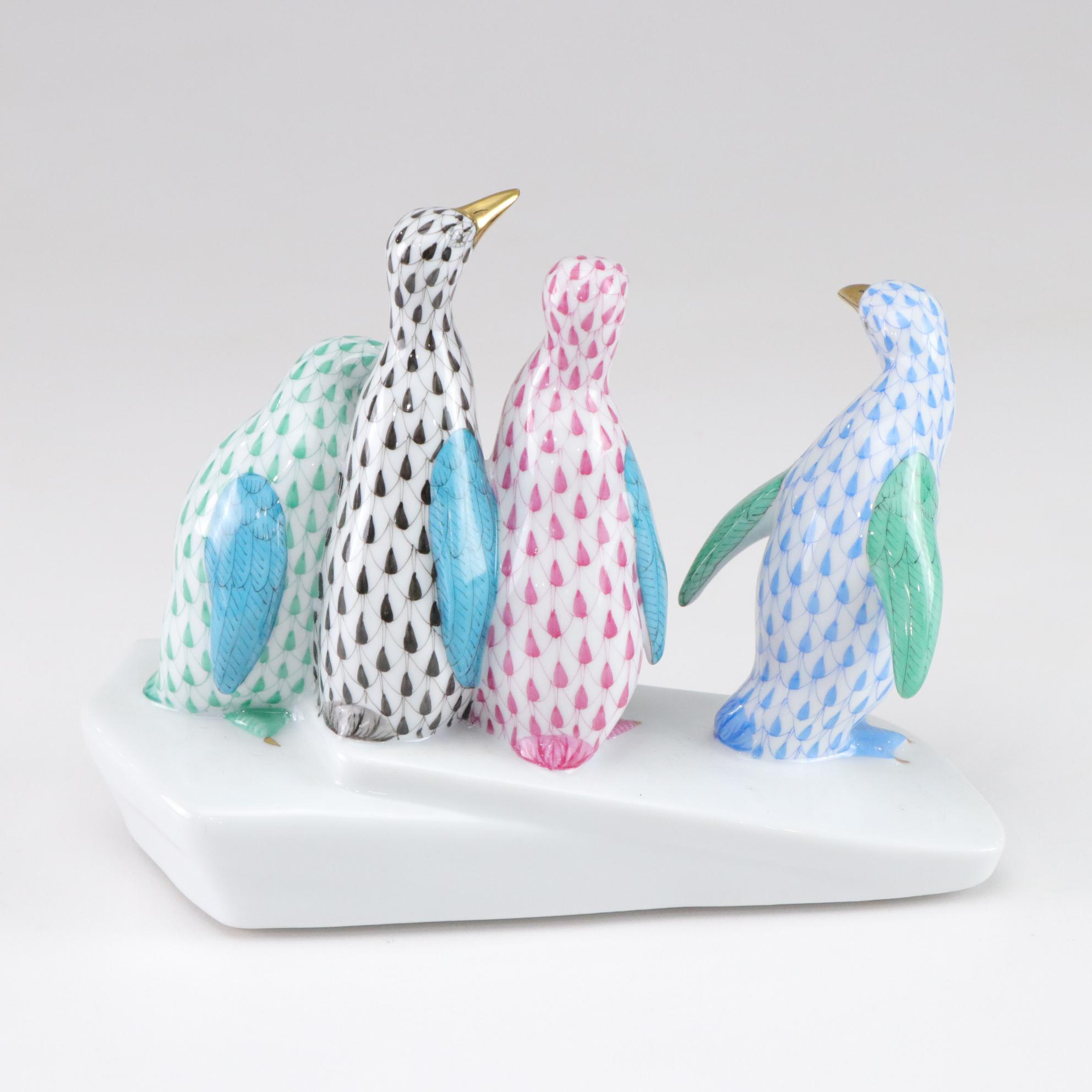 Herend Multicolor Fishnet with Gold "Penguins on Ice" Porcelain Figurine