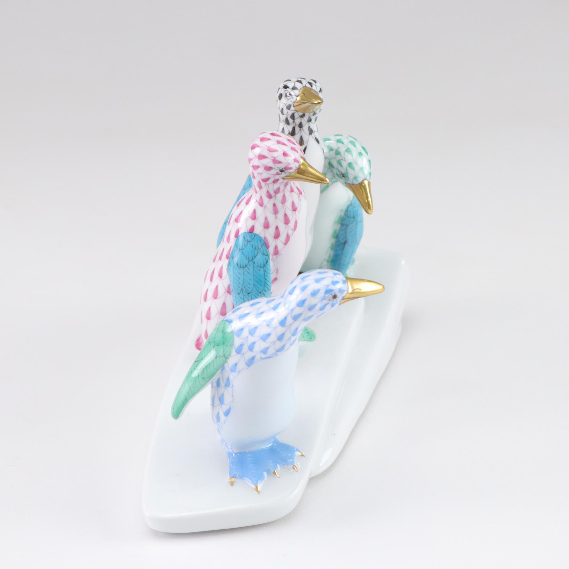 Herend Multicolor Fishnet with Gold "Penguins on Ice" Porcelain Figurine