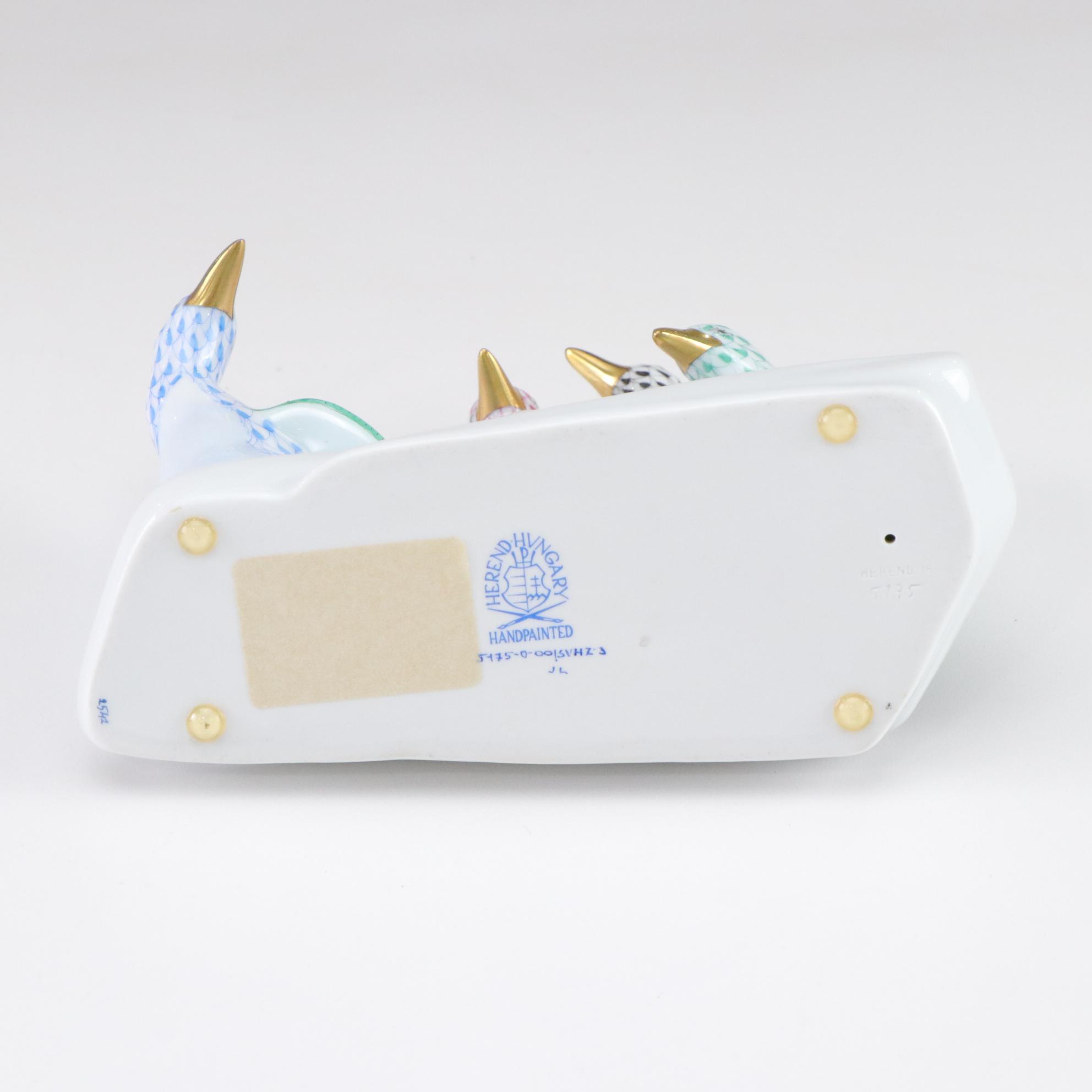 Herend Multicolor Fishnet with Gold "Penguins on Ice" Porcelain Figurine