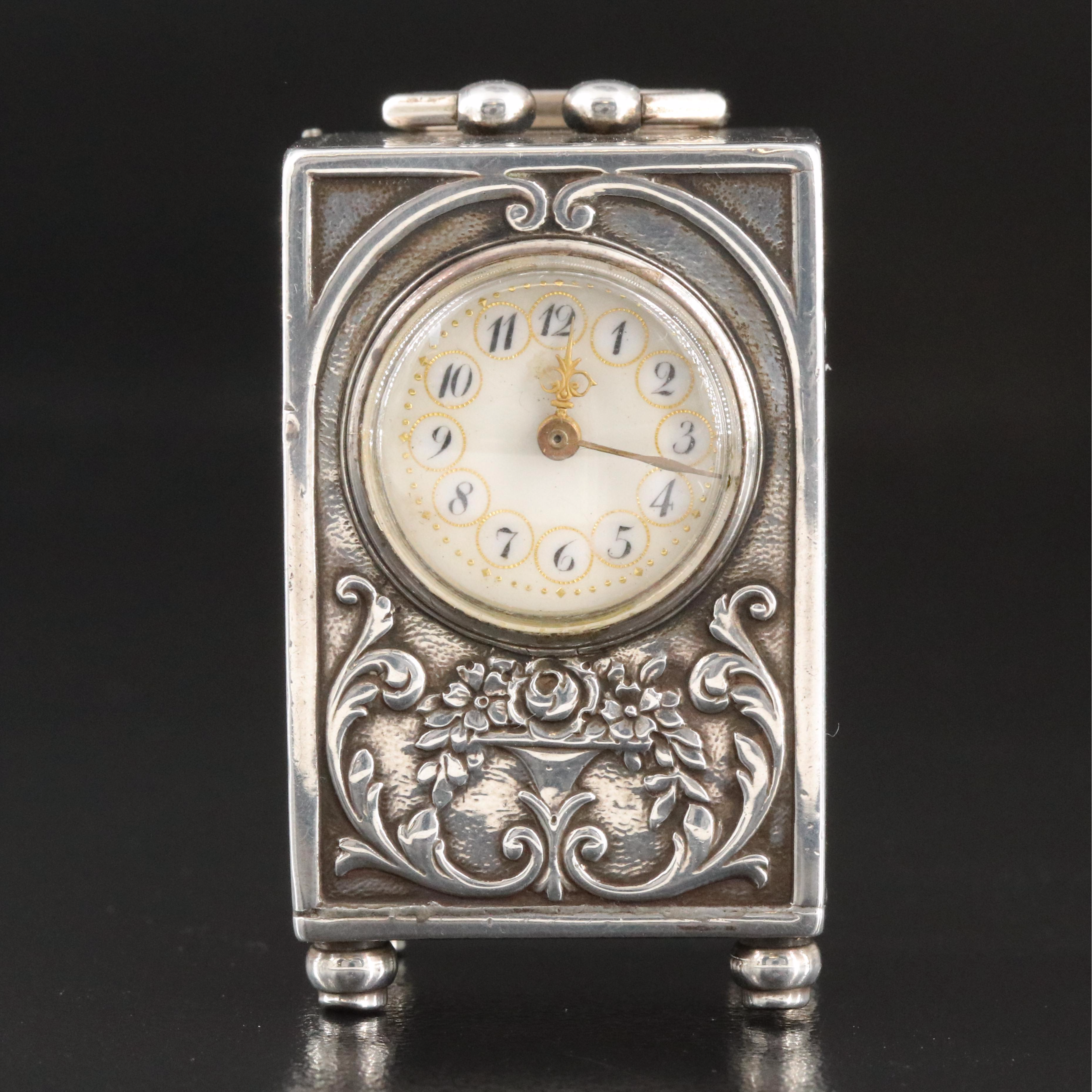 Antique Swiss Sterling Silver Miniature Carriage Clock