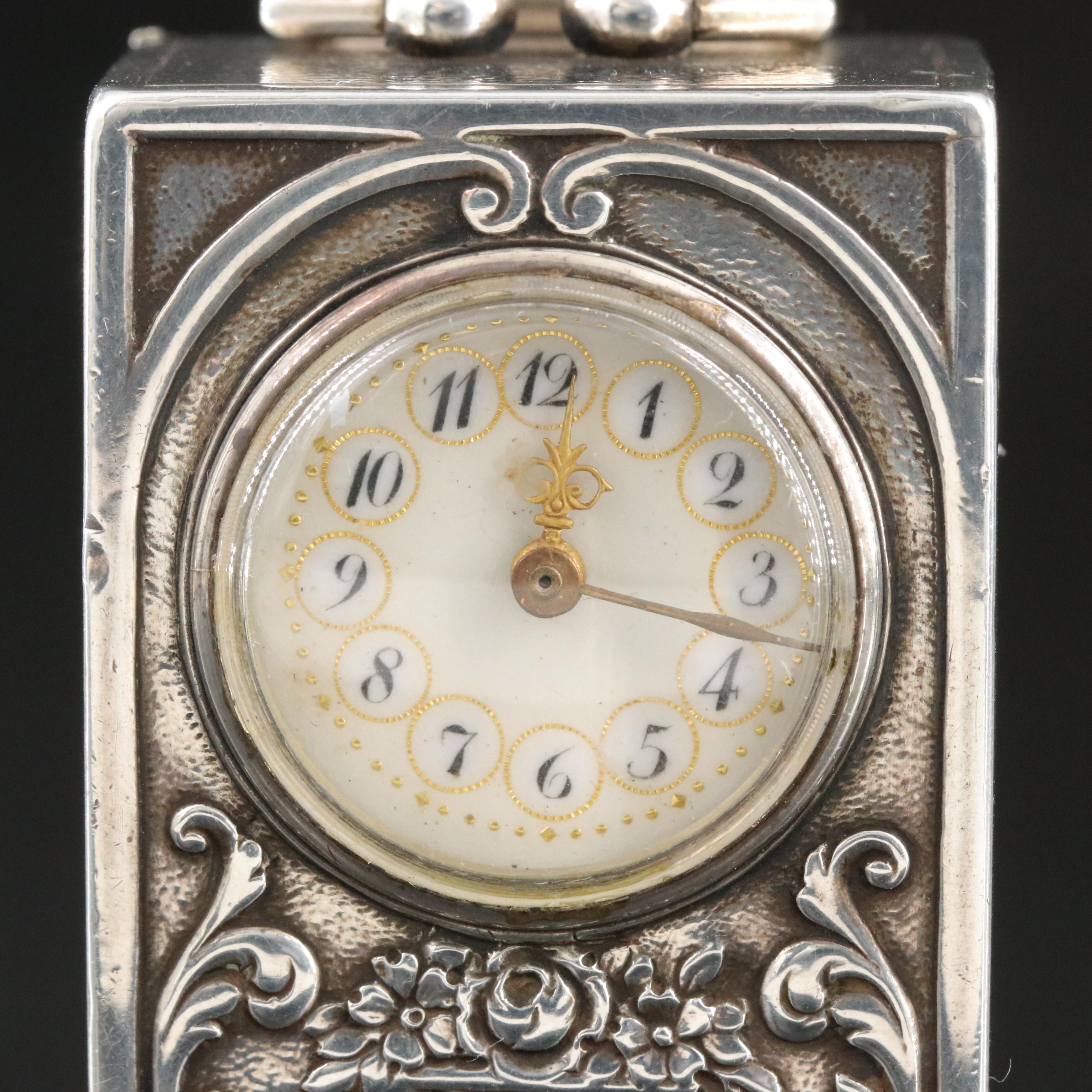 Antique Swiss Sterling Silver Miniature Carriage Clock