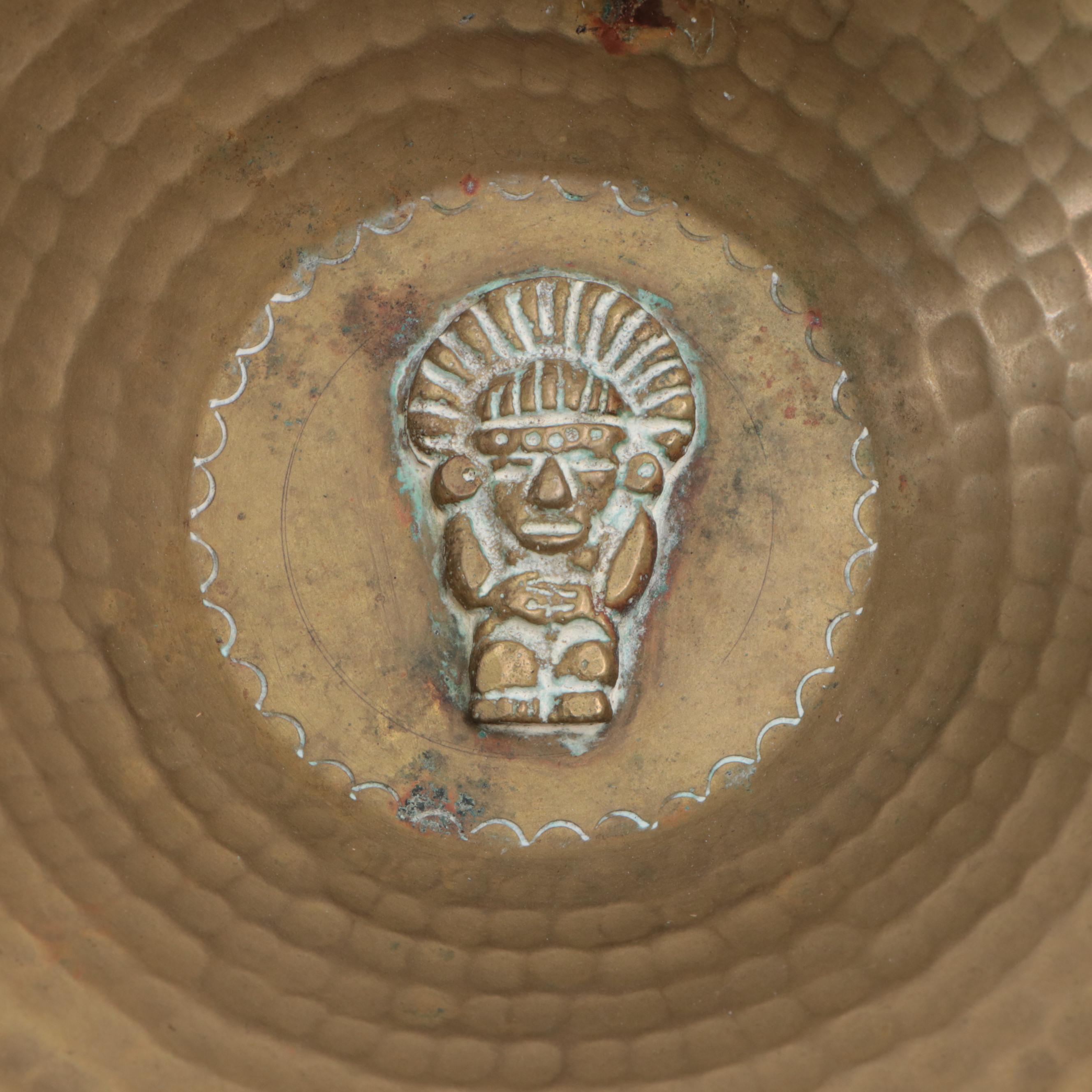 Hammered Brass Ashtray with Aztec Motif