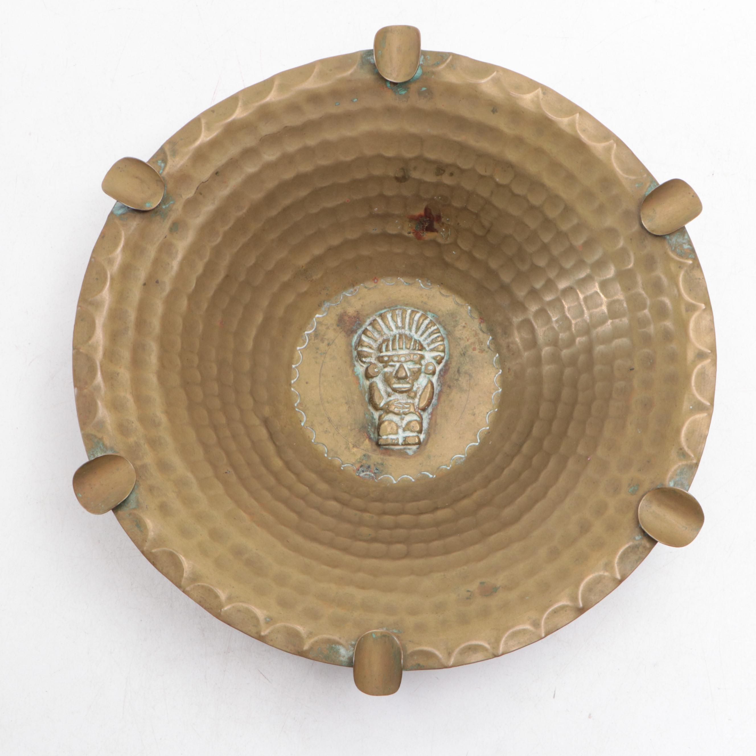 Hammered Brass Ashtray with Aztec Motif