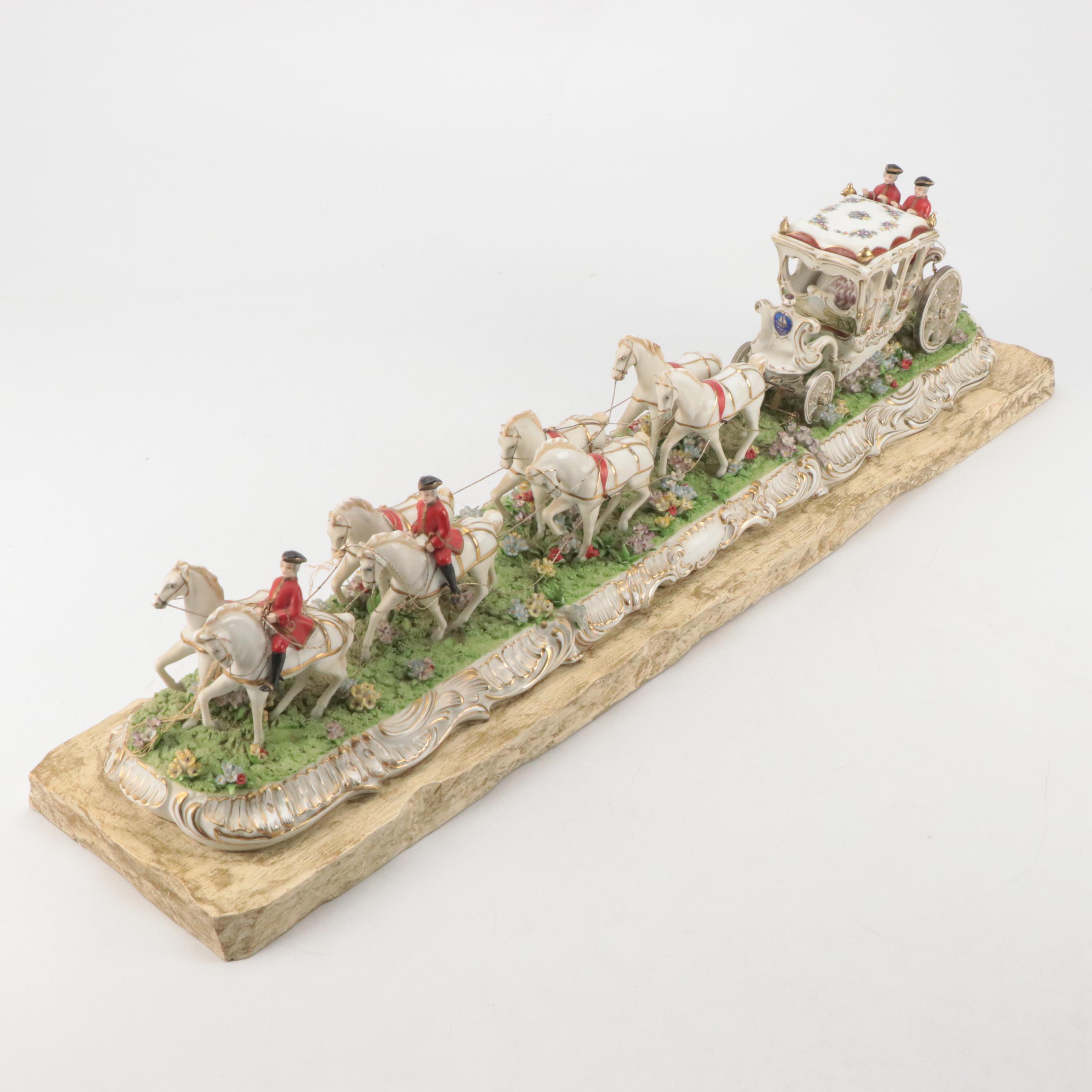 Dresden Style Porcelain Horse and Carriage Tableau Mounted on Wooden Base