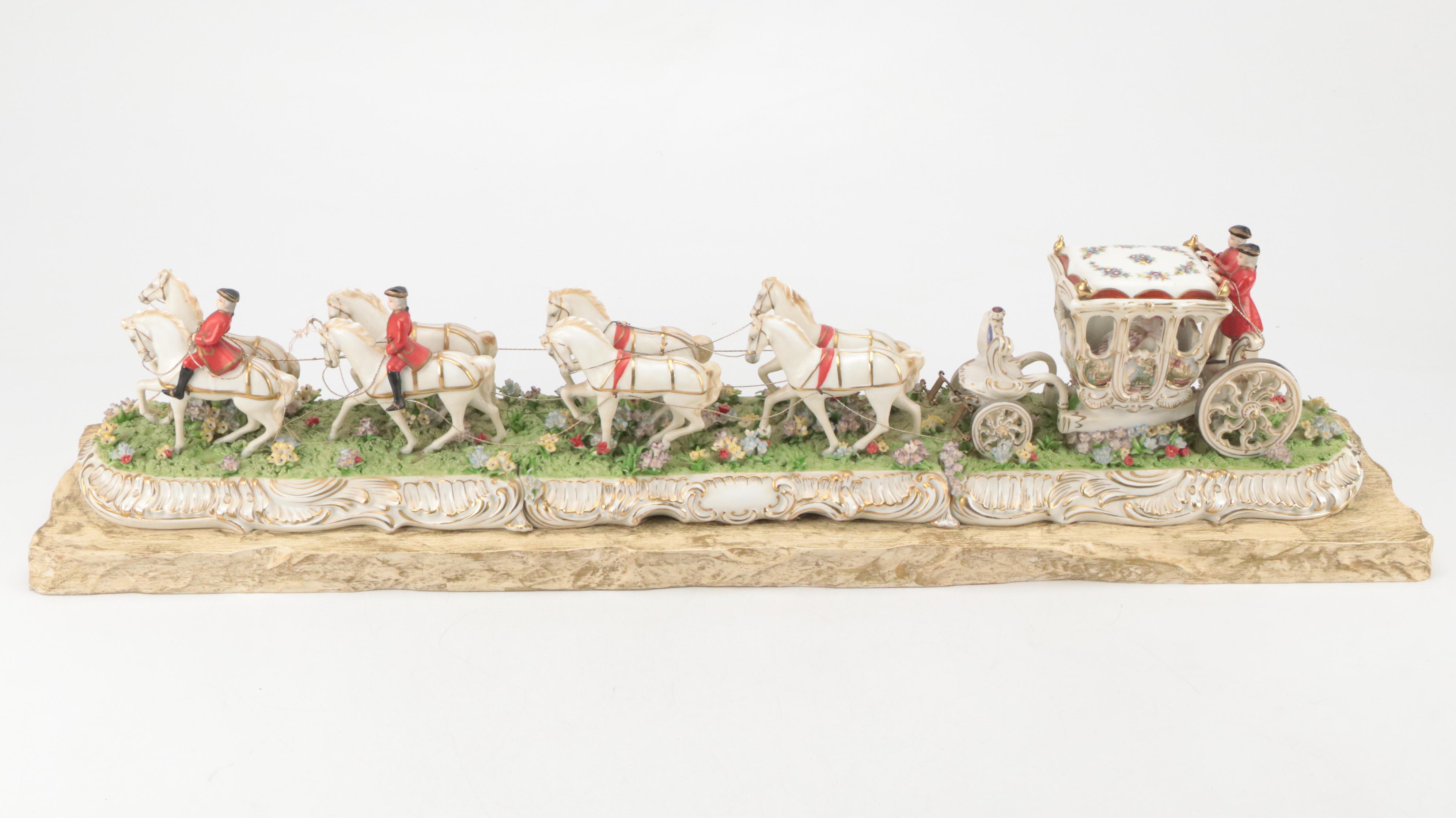 Dresden Style Porcelain Horse and Carriage Tableau Mounted on Wooden Base