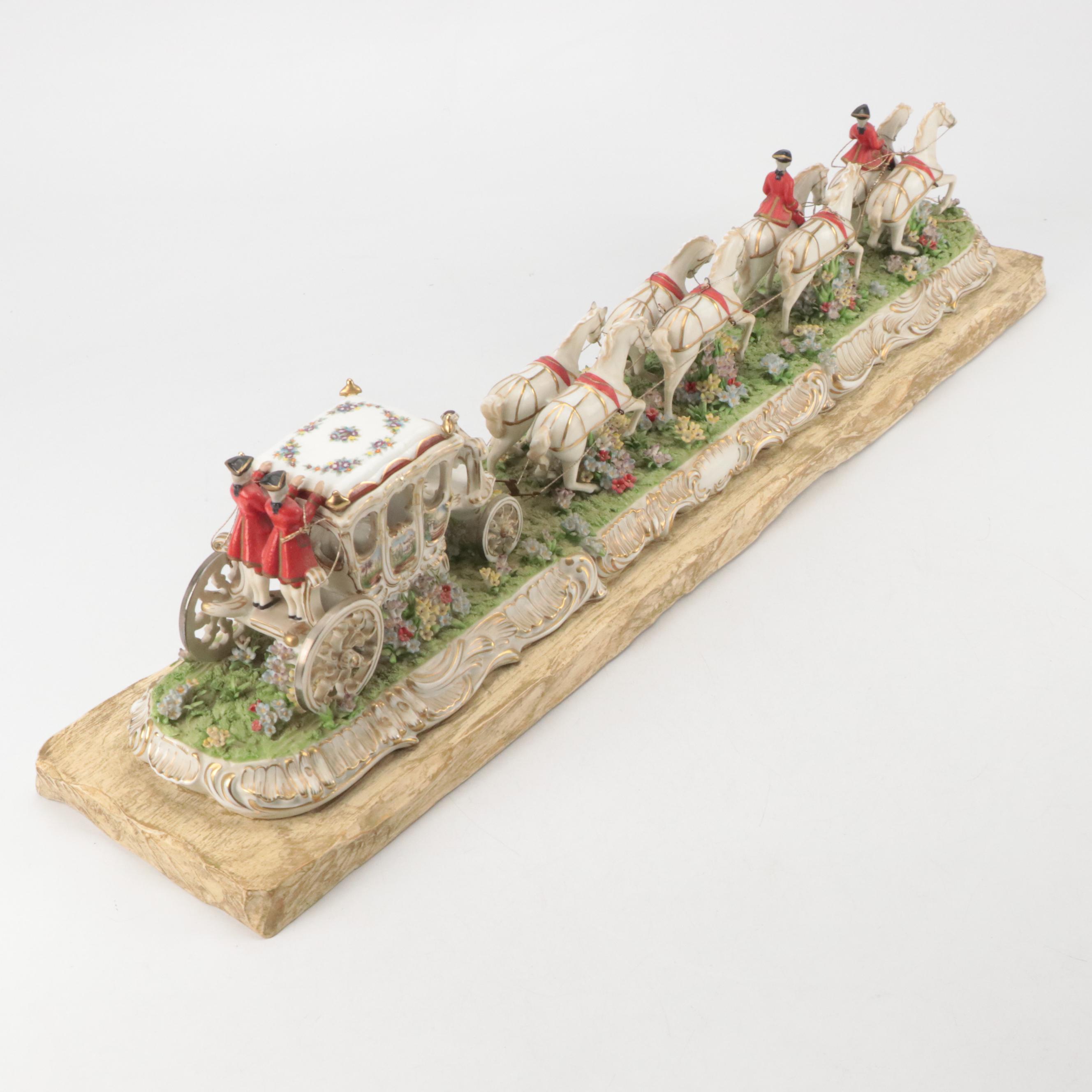 Dresden Style Porcelain Horse and Carriage Tableau Mounted on Wooden Base