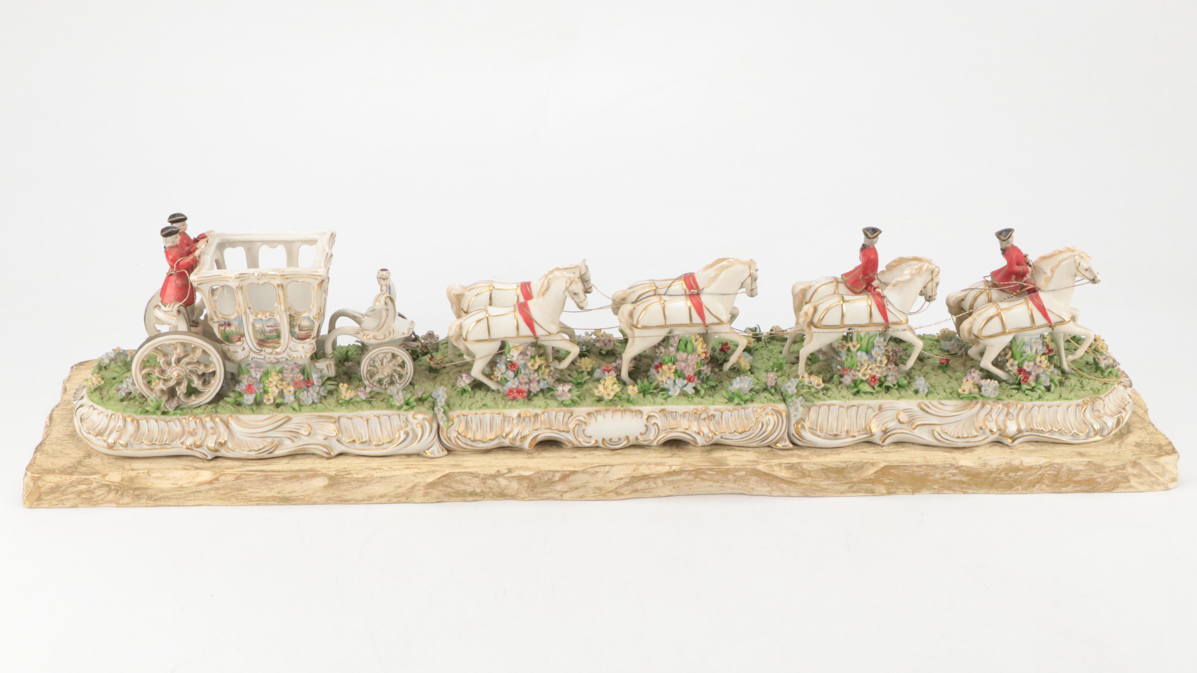 Dresden Style Porcelain Horse and Carriage Tableau Mounted on Wooden Base