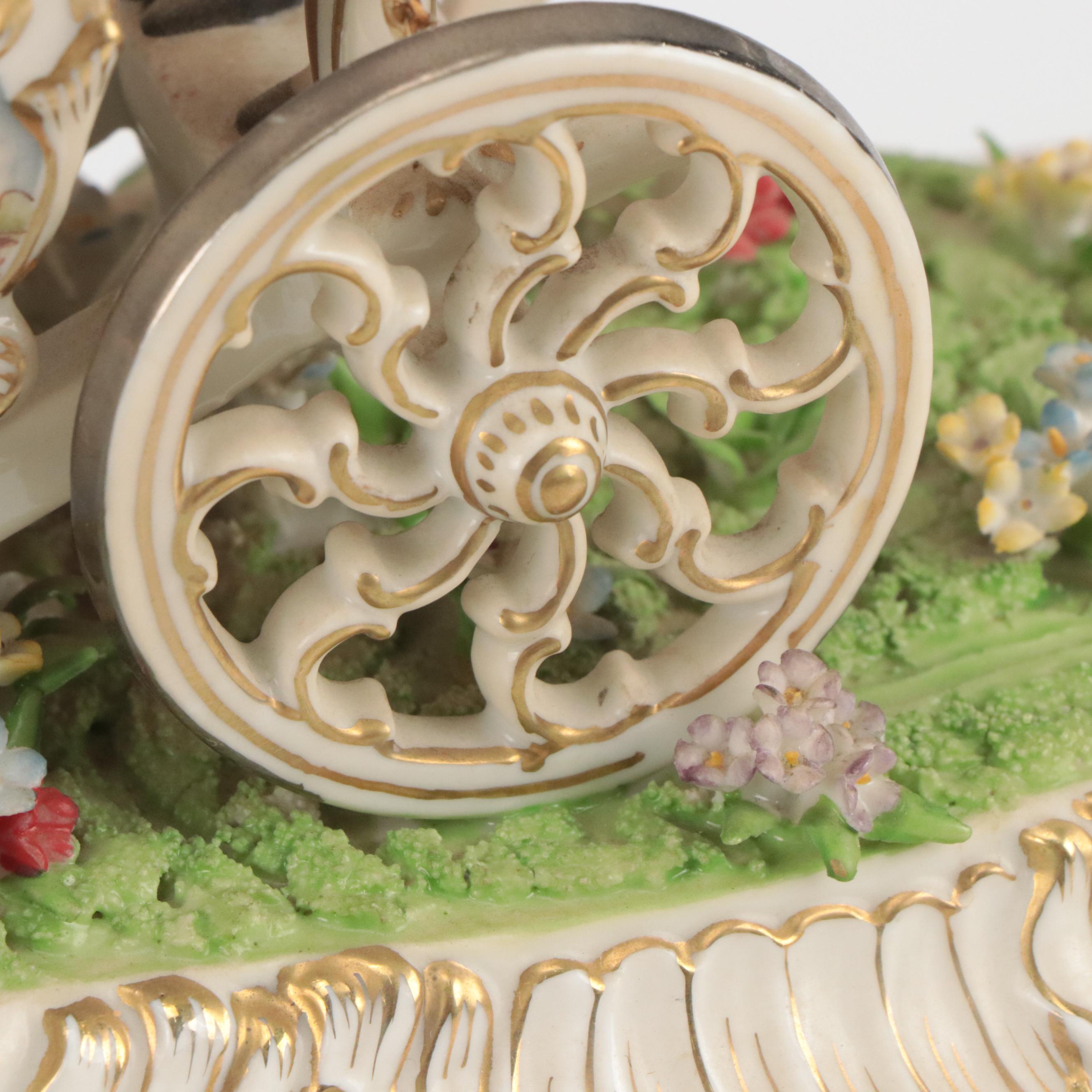 Dresden Style Porcelain Horse and Carriage Tableau Mounted on Wooden Base