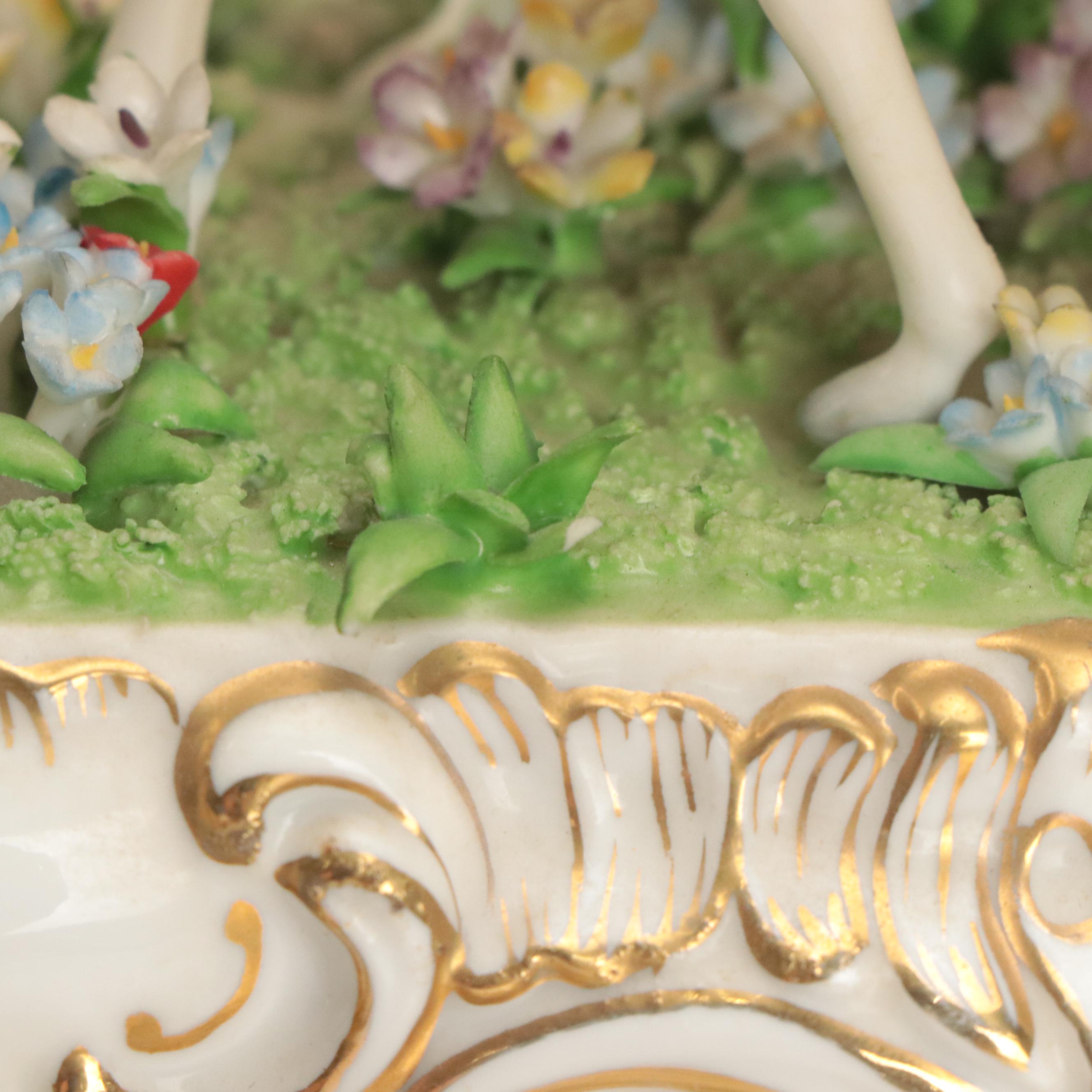 Dresden Style Porcelain Horse and Carriage Tableau Mounted on Wooden Base