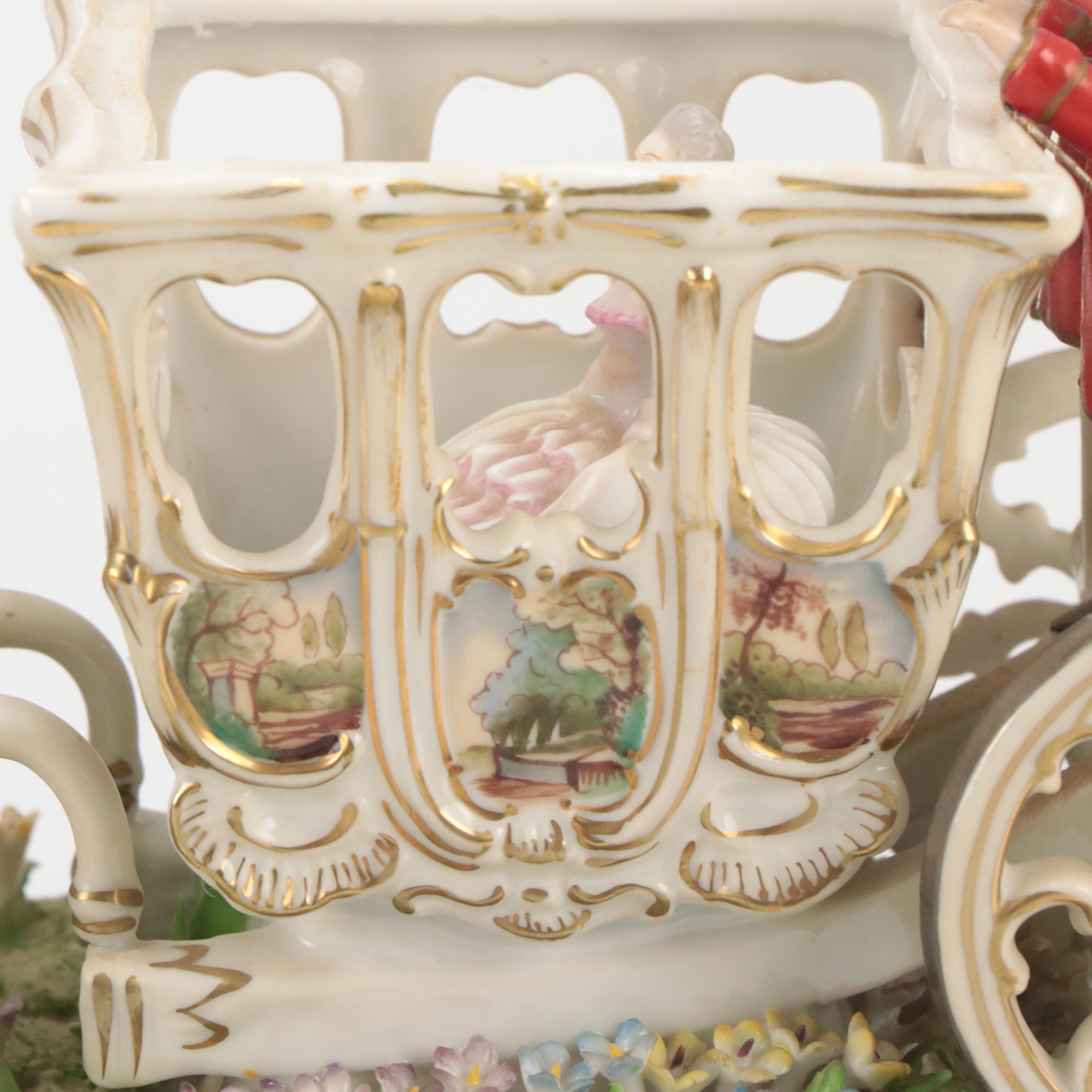 Dresden Style Porcelain Horse and Carriage Tableau Mounted on Wooden Base