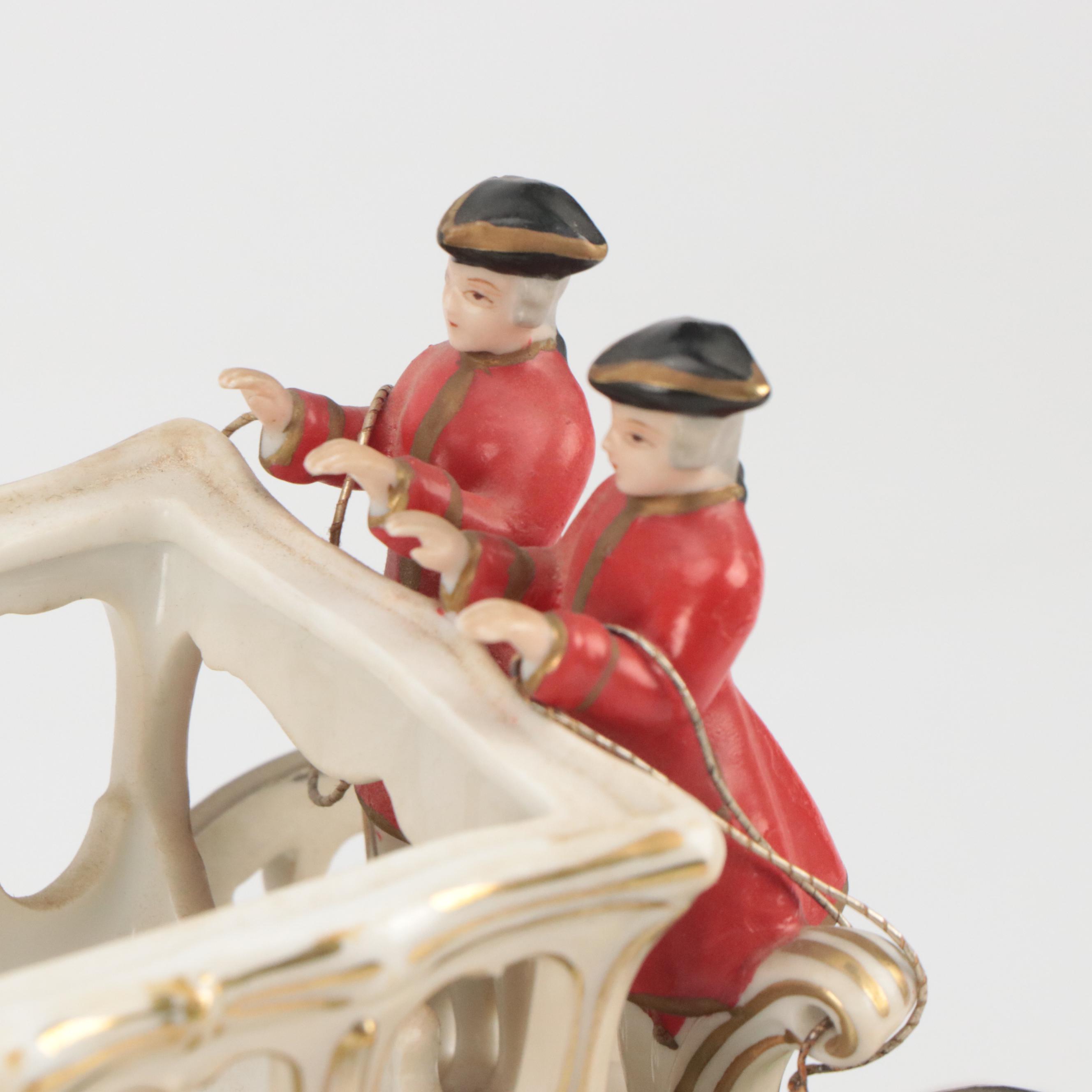 Dresden Style Porcelain Horse and Carriage Tableau Mounted on Wooden Base