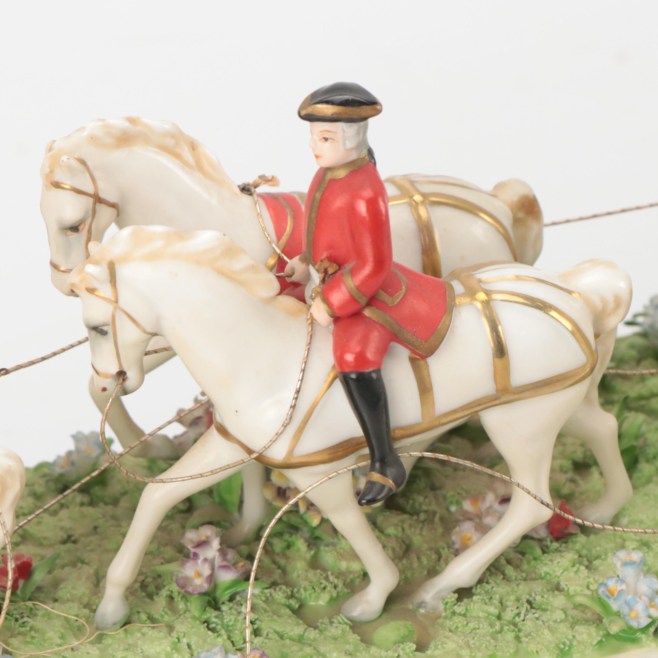 Dresden Style Porcelain Horse and Carriage Tableau Mounted on Wooden Base