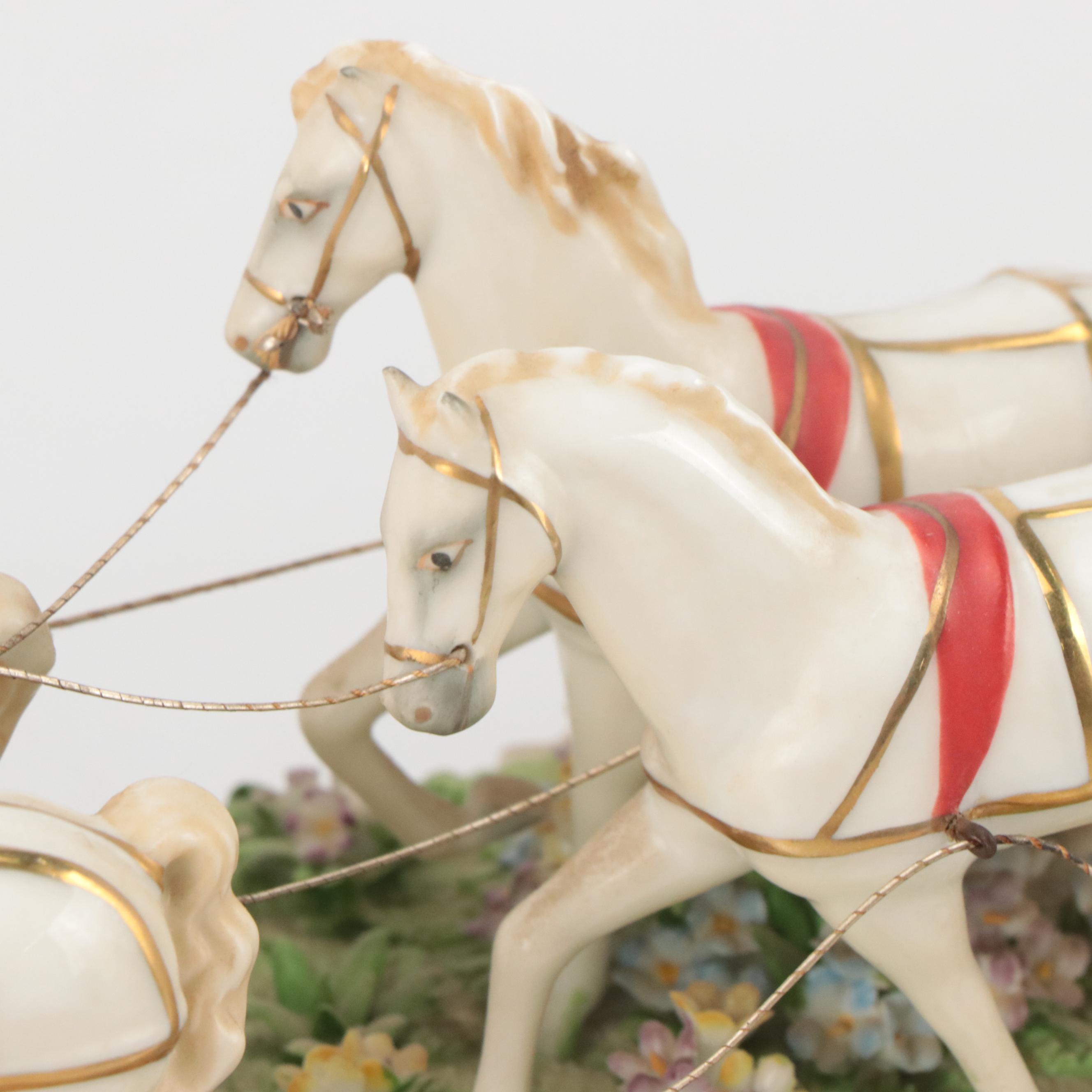 Dresden Style Porcelain Horse and Carriage Tableau Mounted on Wooden Base