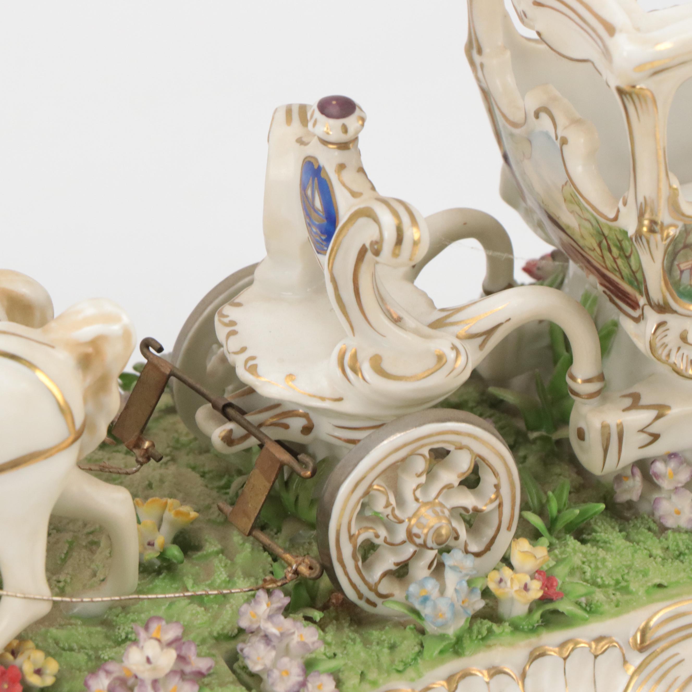 Dresden Style Porcelain Horse and Carriage Tableau Mounted on Wooden Base