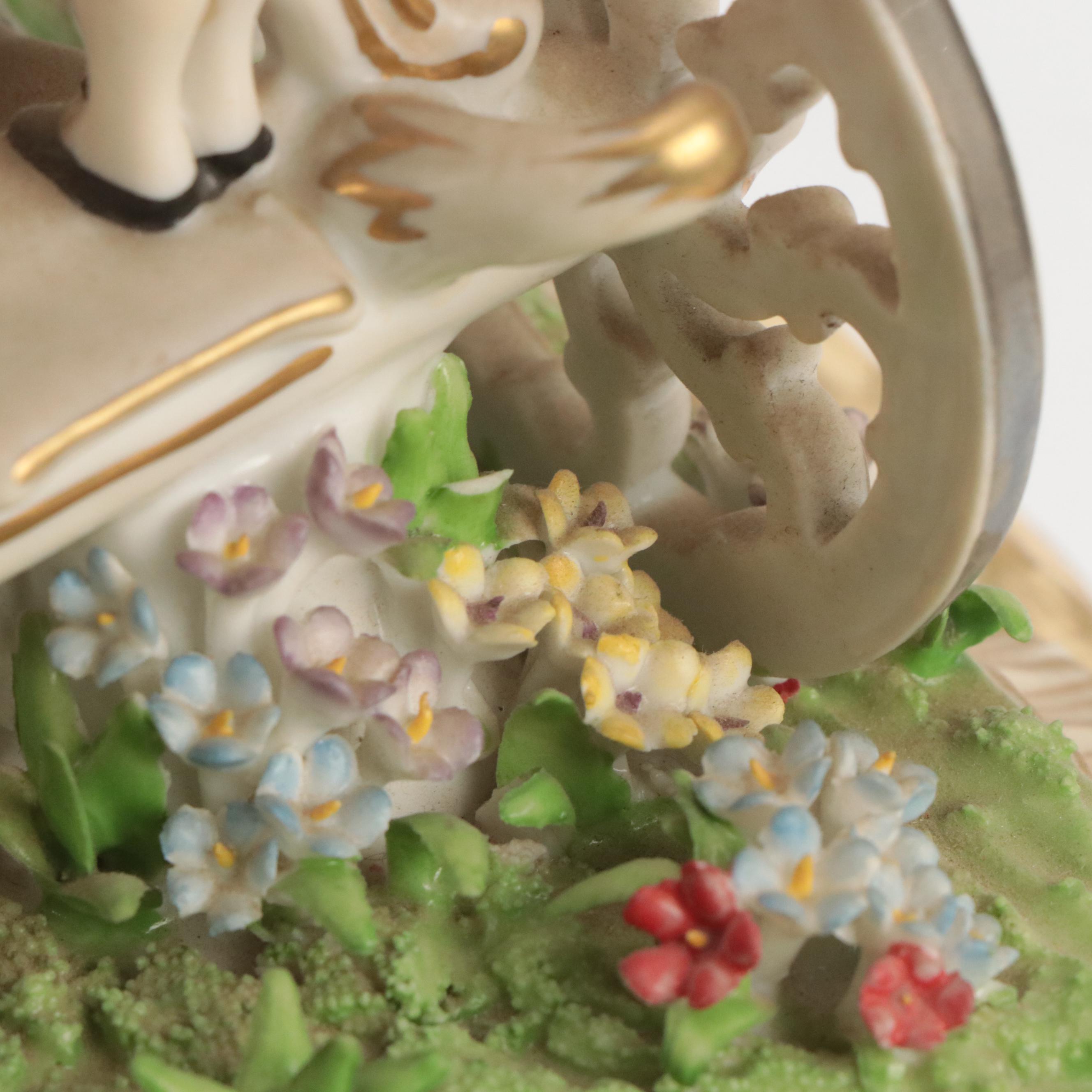 Dresden Style Porcelain Horse and Carriage Tableau Mounted on Wooden Base