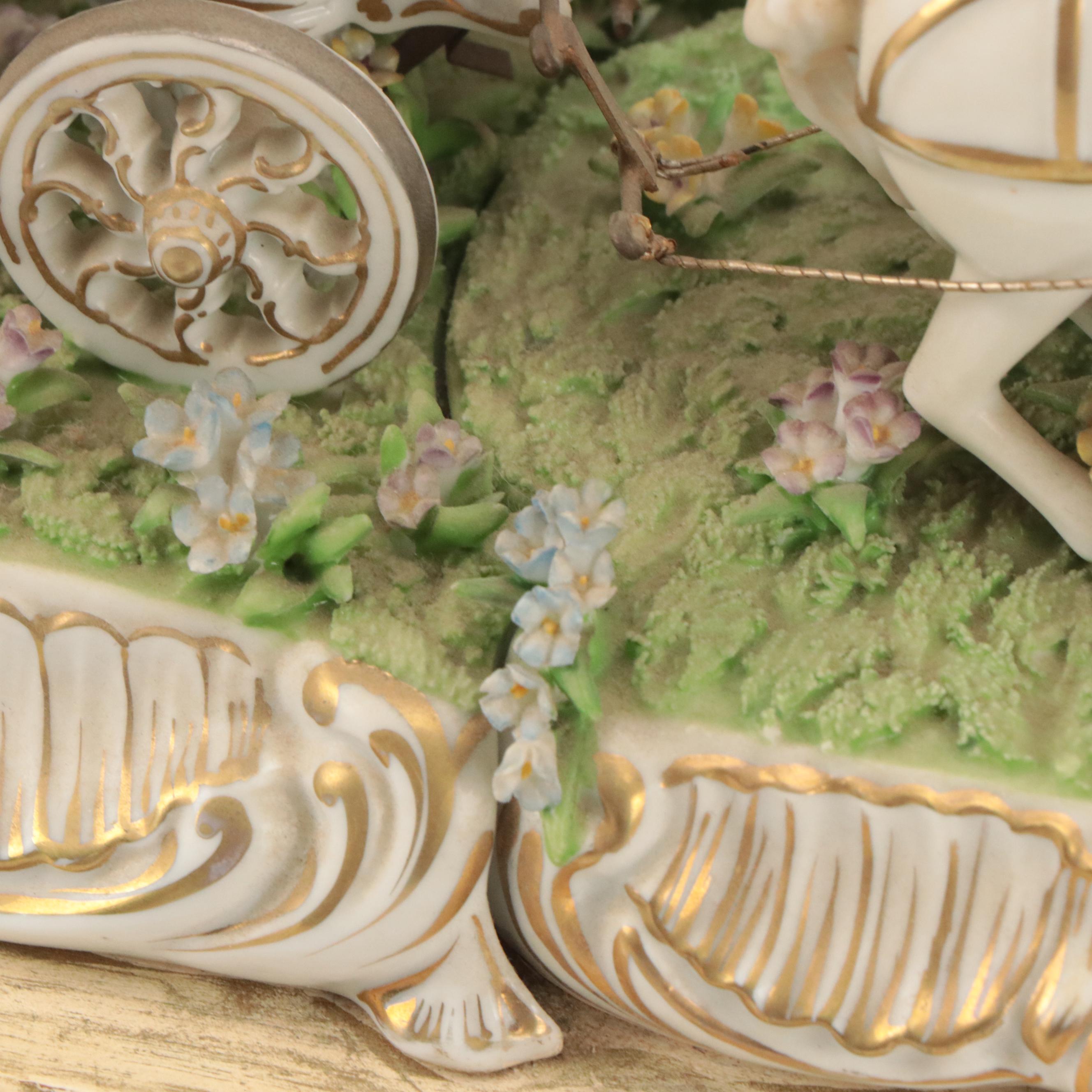 Dresden Style Porcelain Horse and Carriage Tableau Mounted on Wooden Base