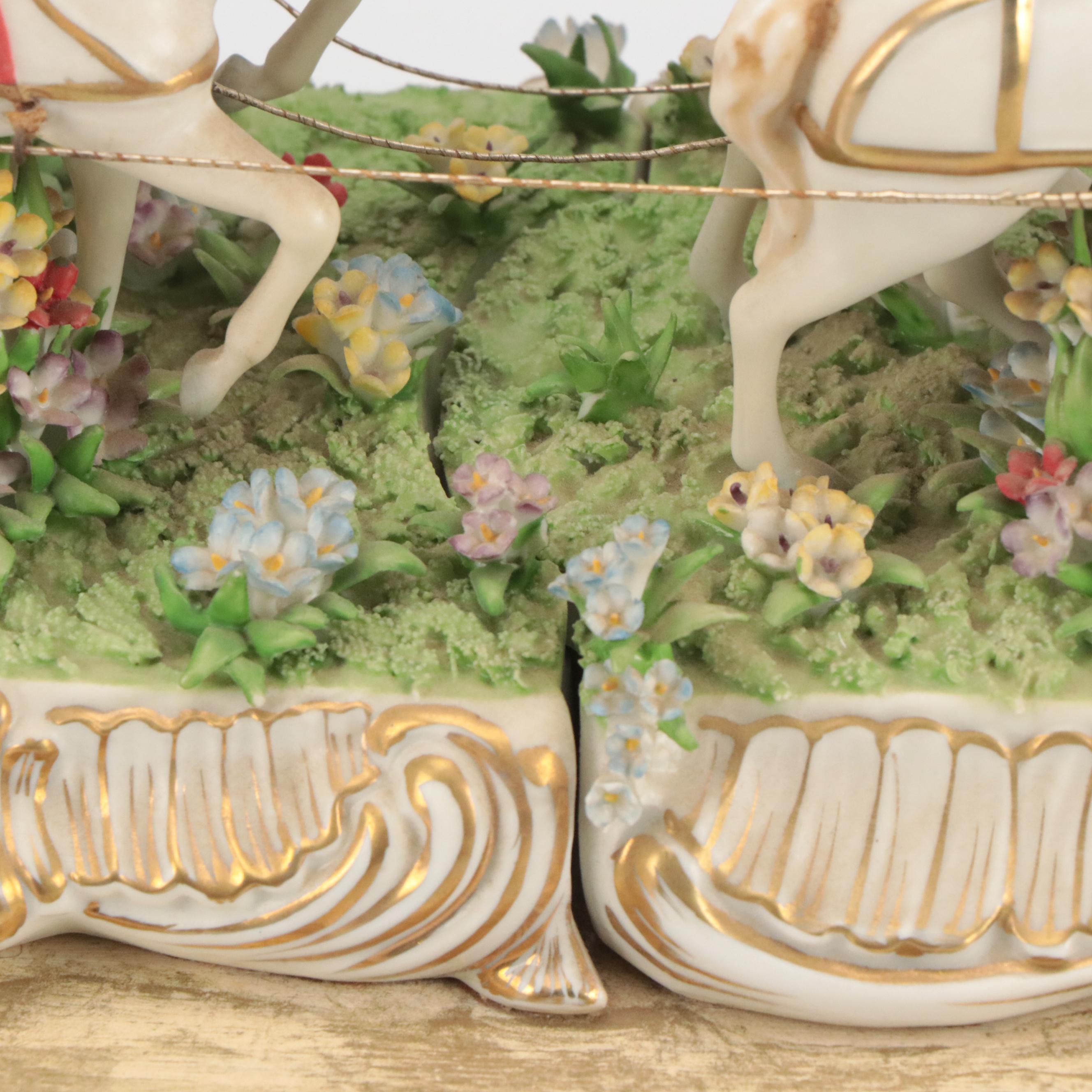 Dresden Style Porcelain Horse and Carriage Tableau Mounted on Wooden Base