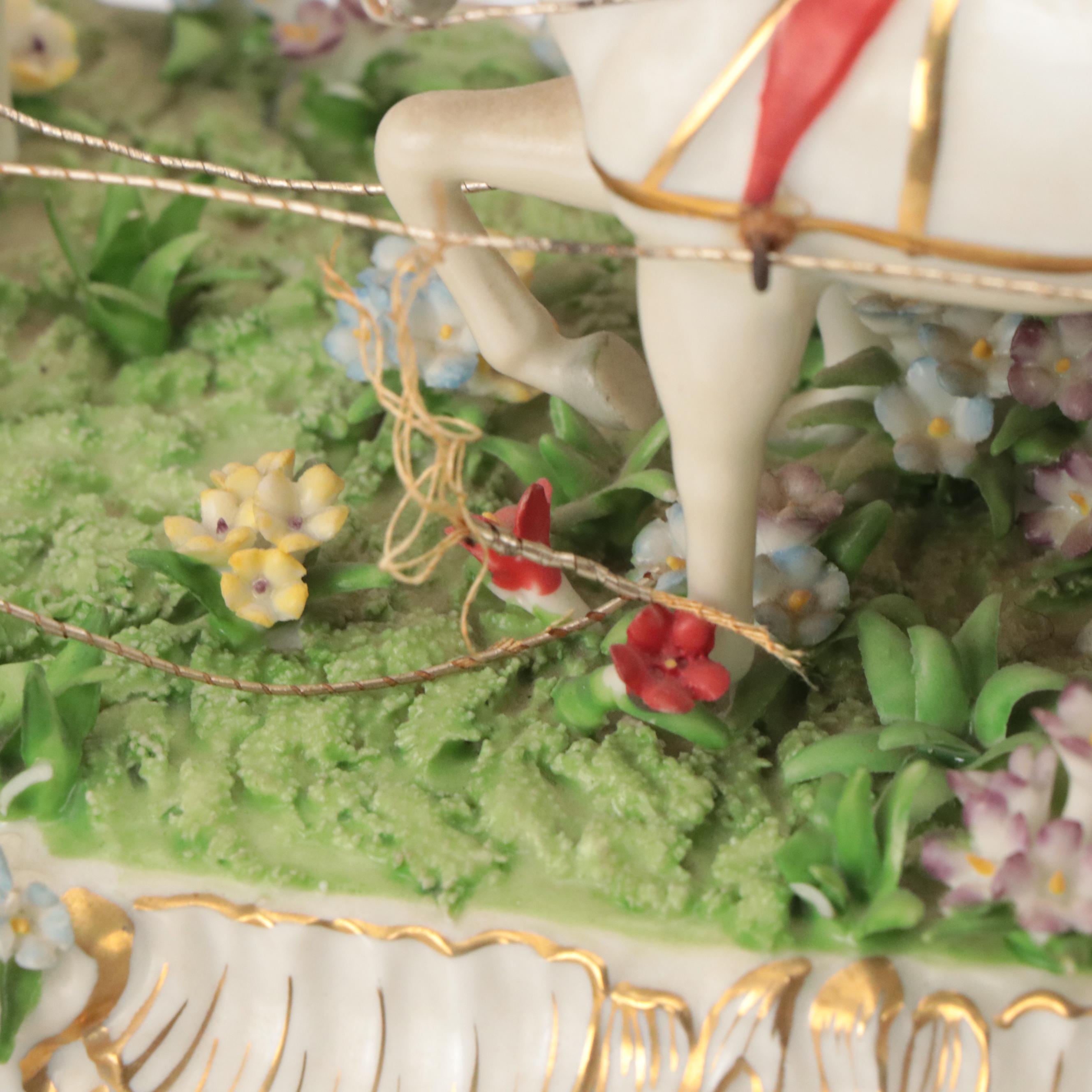 Dresden Style Porcelain Horse and Carriage Tableau Mounted on Wooden Base