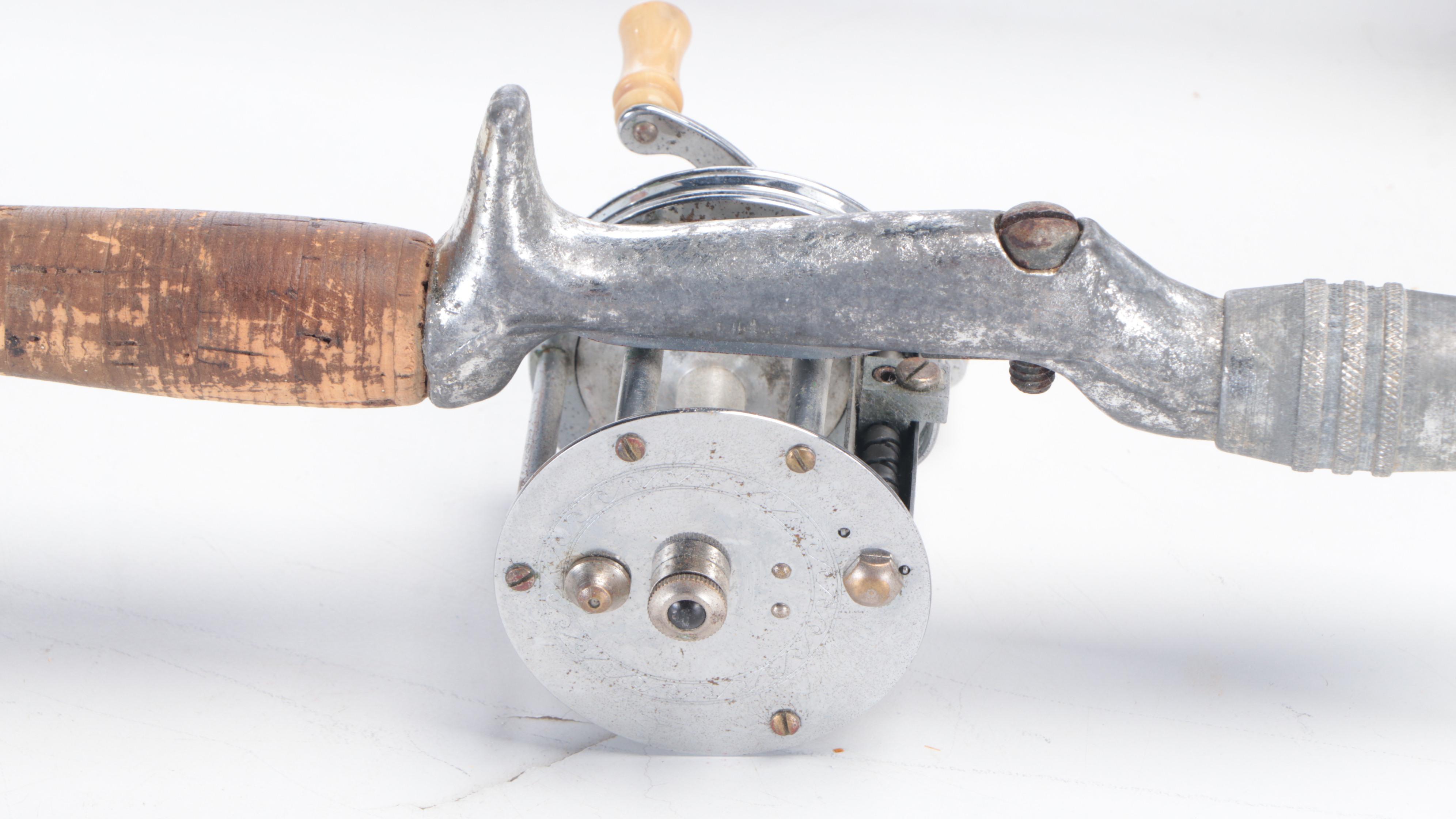 Penn 60 Long Beach Metal Fishing Reel with Other Fishing Gear, Mid-20th C.