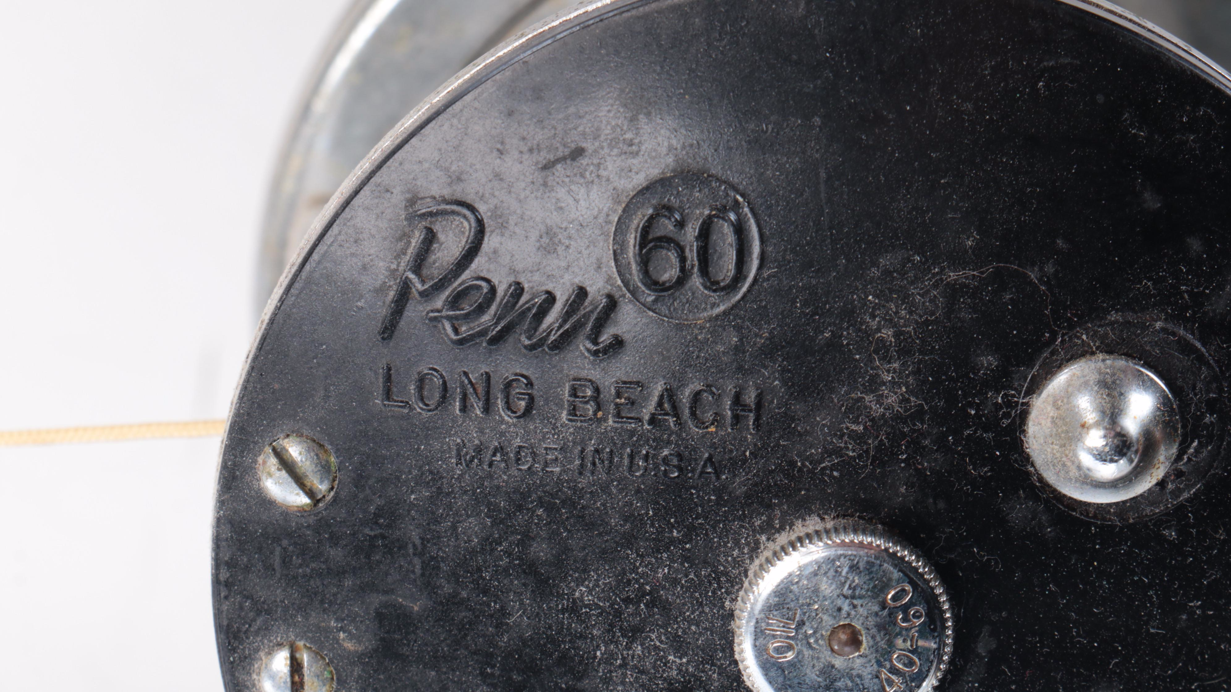 Penn 60 Long Beach Metal Fishing Reel with Other Fishing Gear, Mid-20th C.