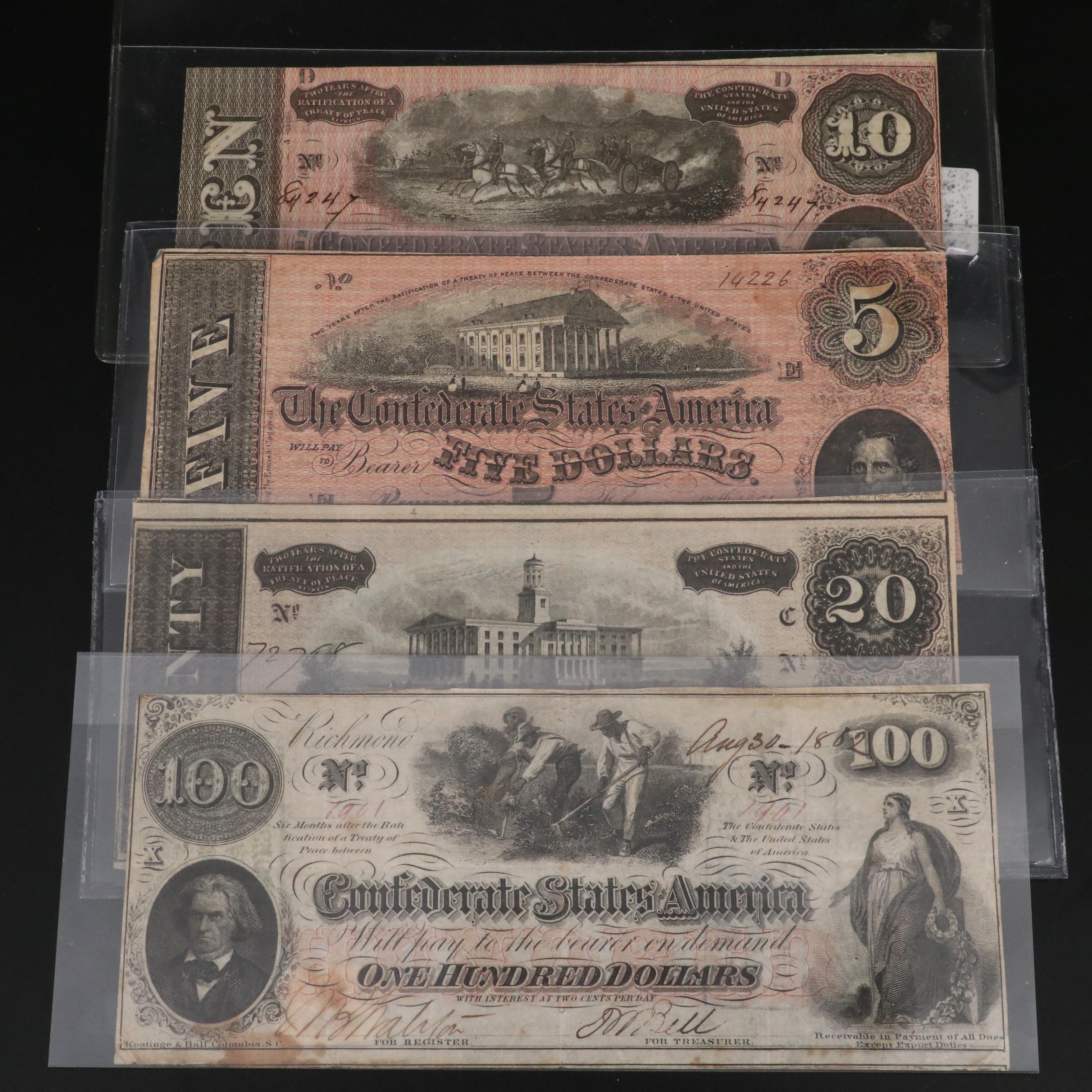 Four Different Confederate States of America Obsolete Currency Notes