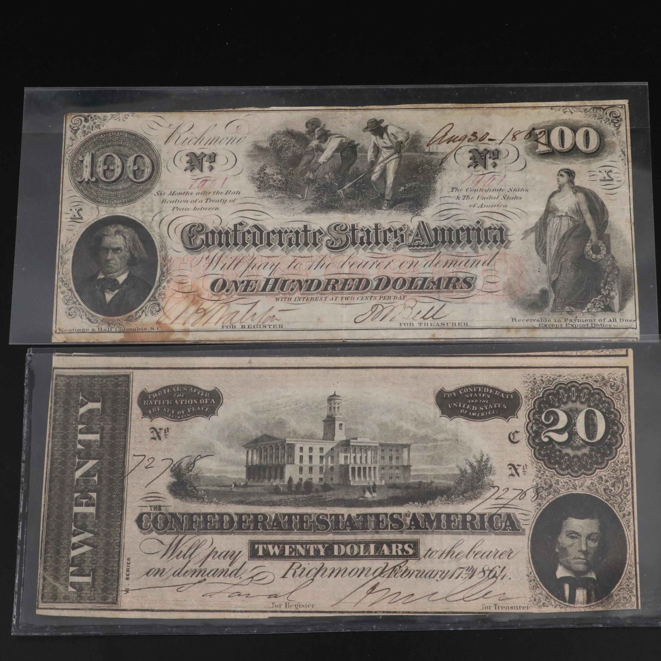 Four Different Confederate States of America Obsolete Currency Notes