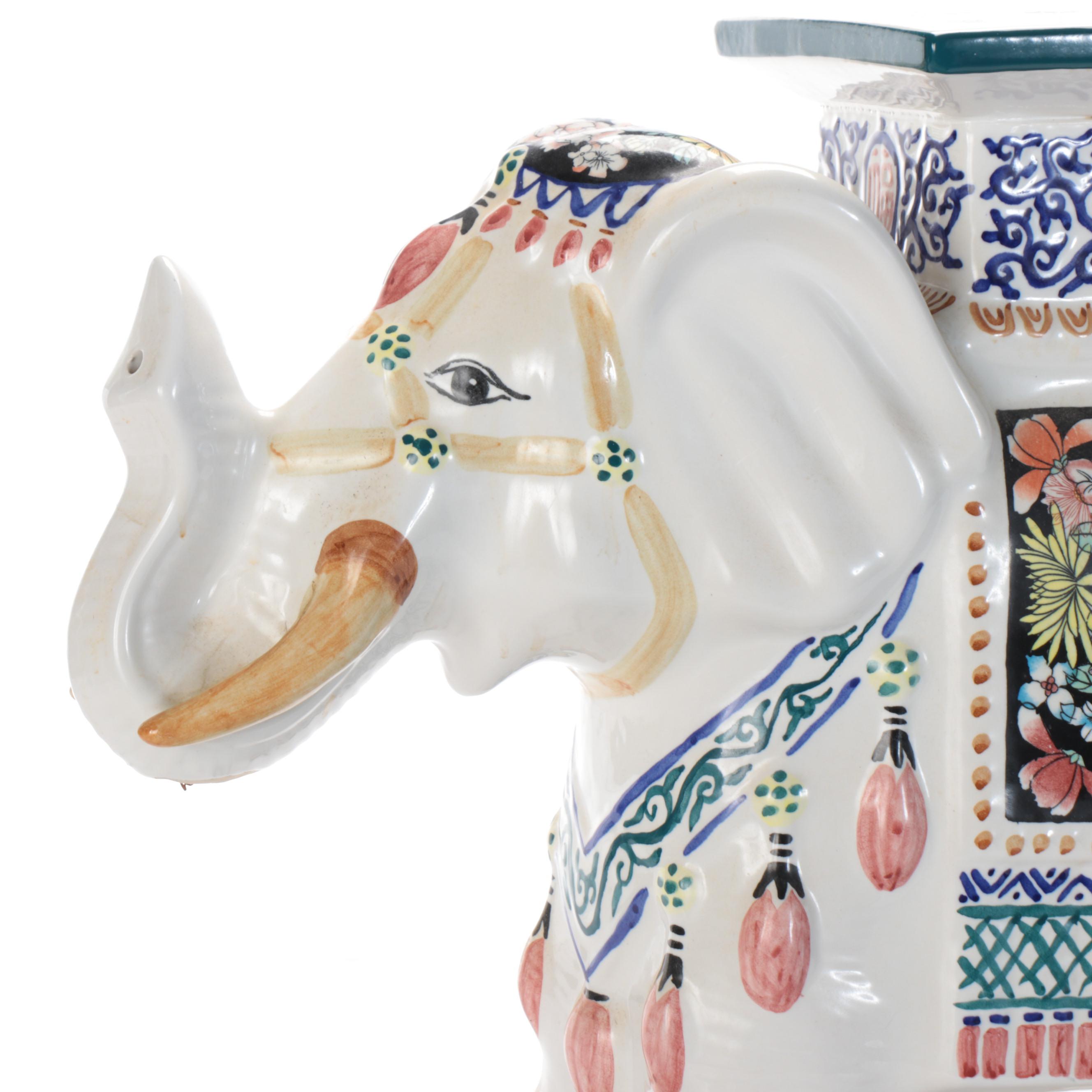 Hand-Painted Ceramic Elephant Garden Seat, Late 20th/Early 21st Century