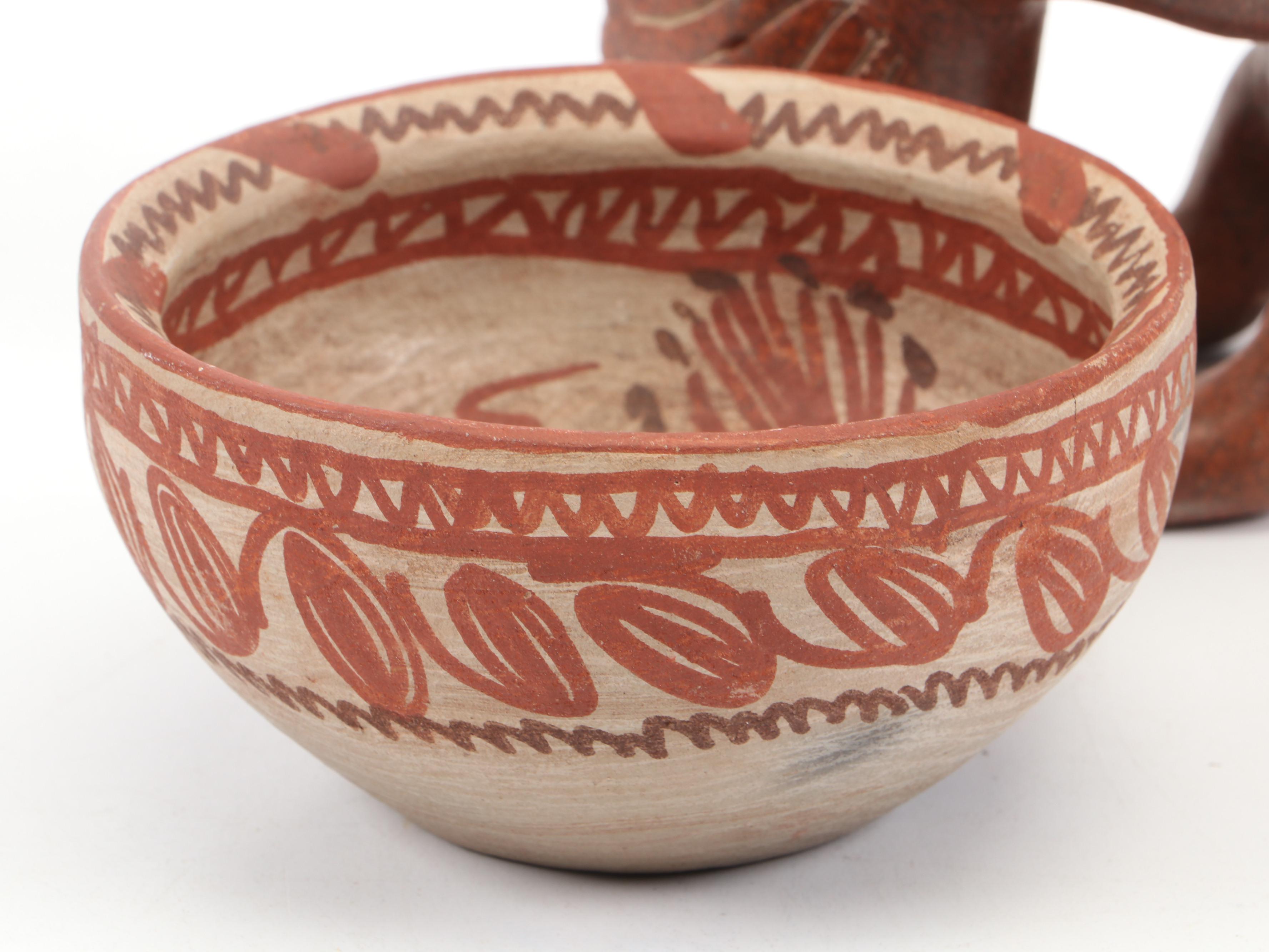Chinena Jenez Glaze Terracotta Bowl with Terracotta Figurine and More