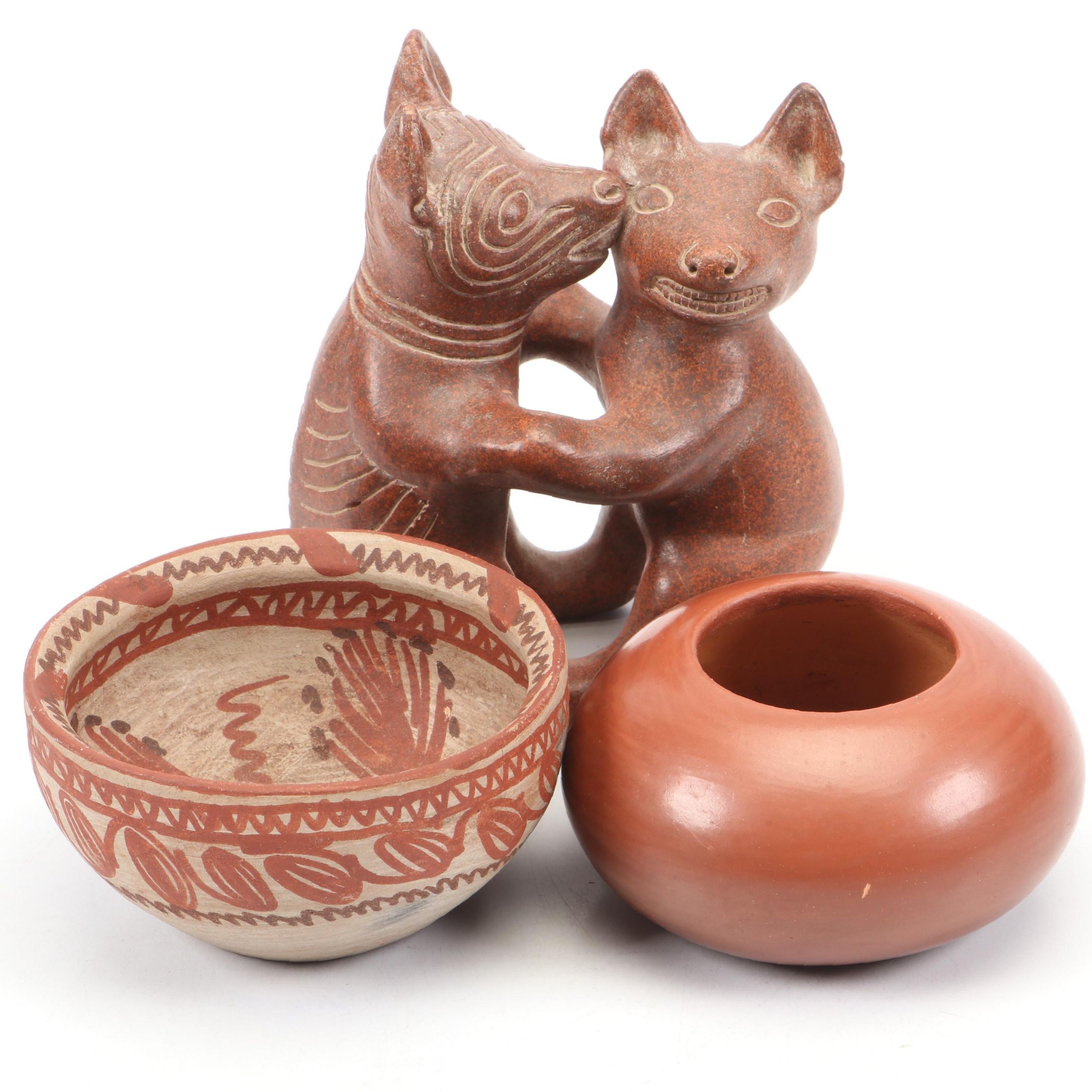 Chinena Jenez Glaze Terracotta Bowl with Terracotta Figurine and More