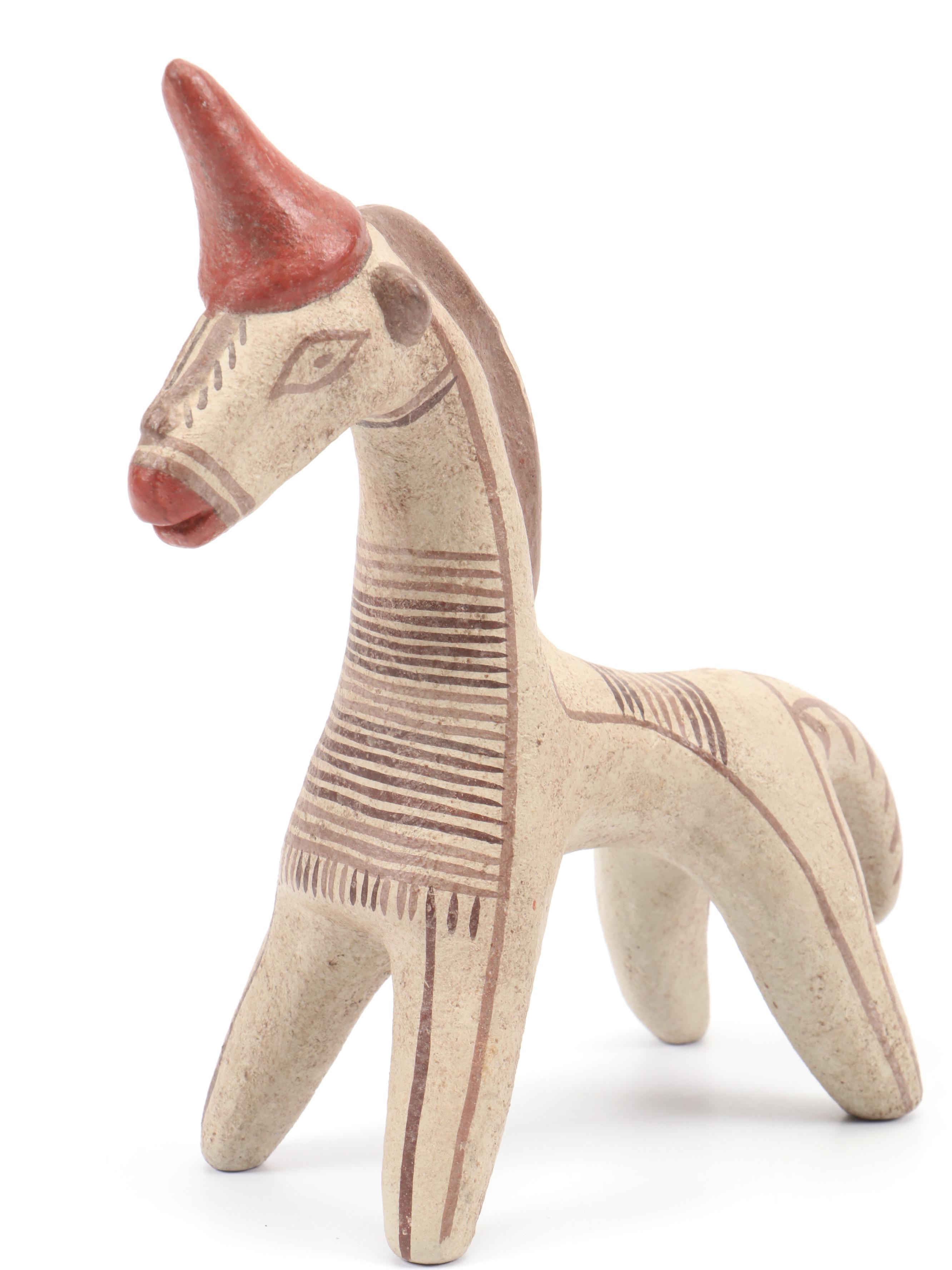 Cypriot Hand-Painted Ceramic Horse Figurine with More Clay Animal Figurines