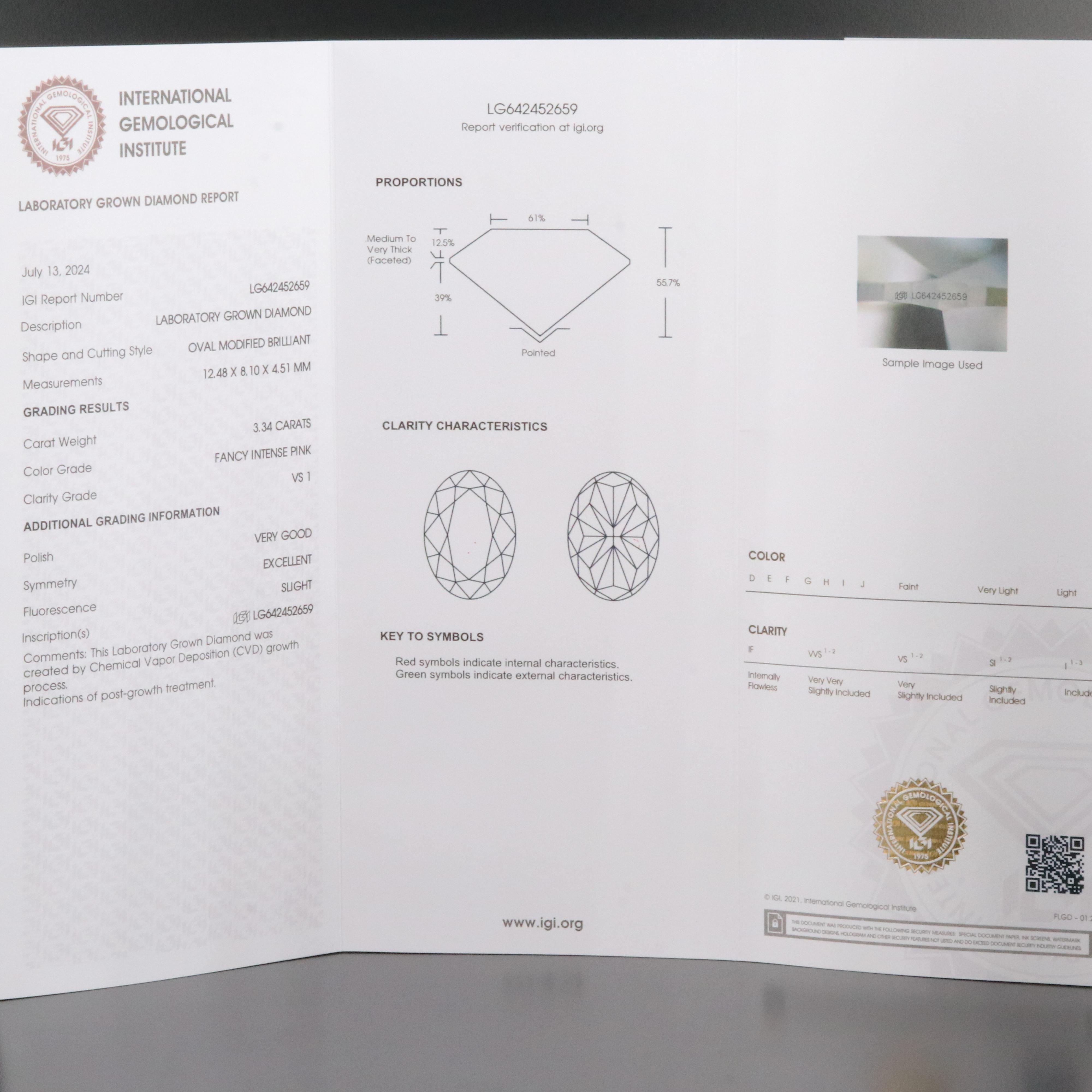 Loose 3.34 CT Lab Grown Fancy Pink Diamond with IGI Report