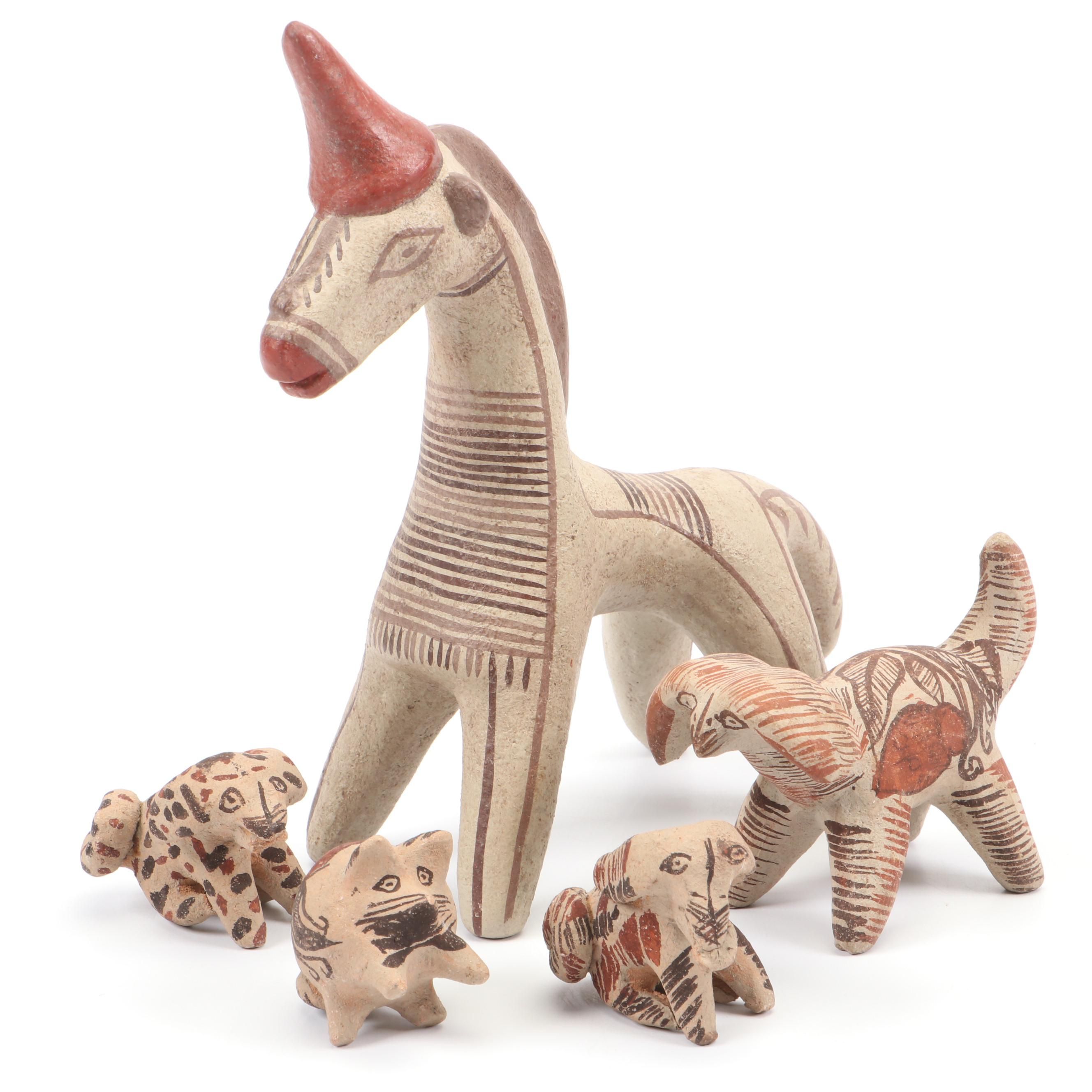 Cypriot Hand-Painted Ceramic Horse Figurine with More Clay Animal Figurines