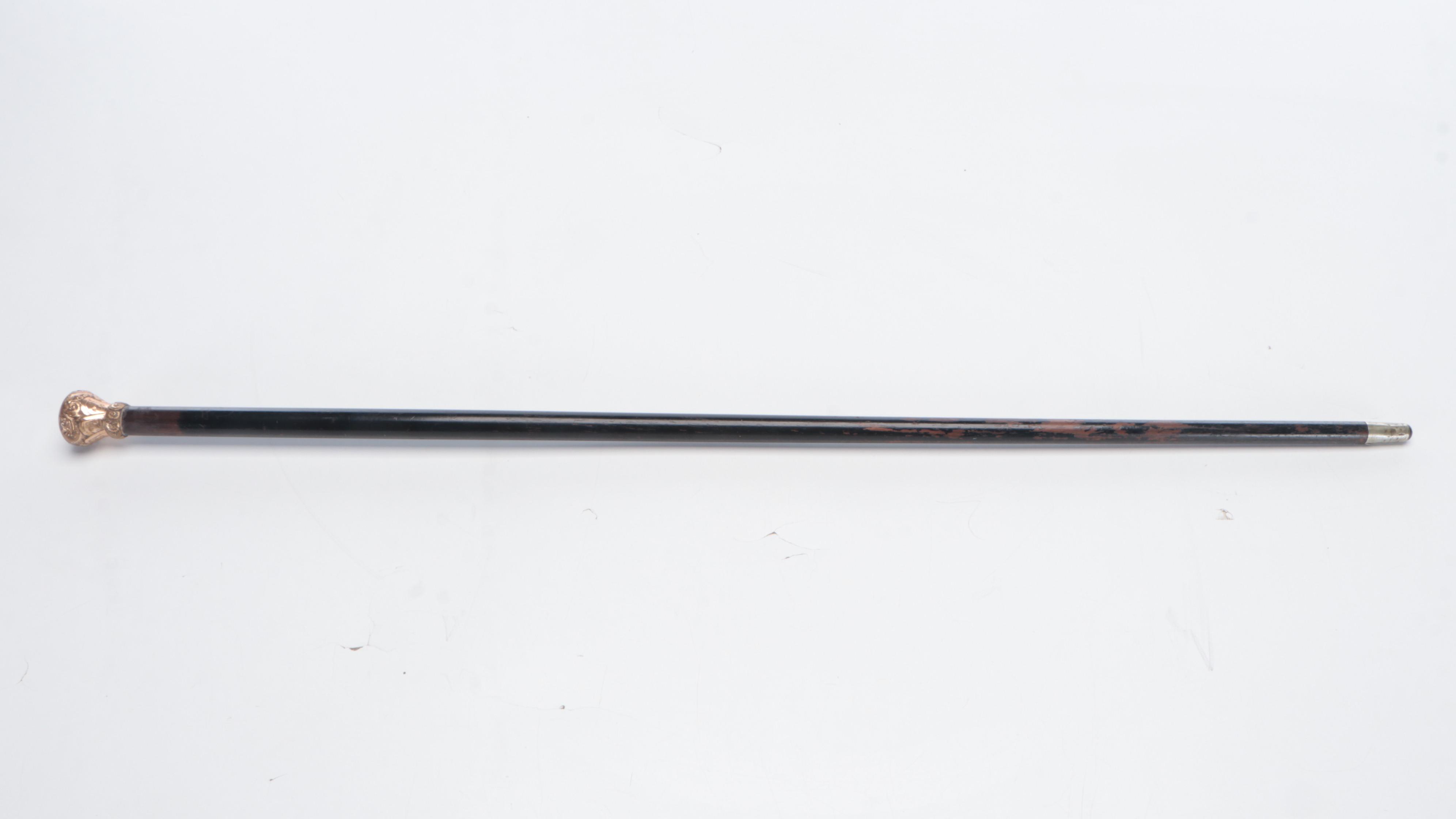 Late Victorian Painted Wood Walking Cane with Floral Gold Filled Knob