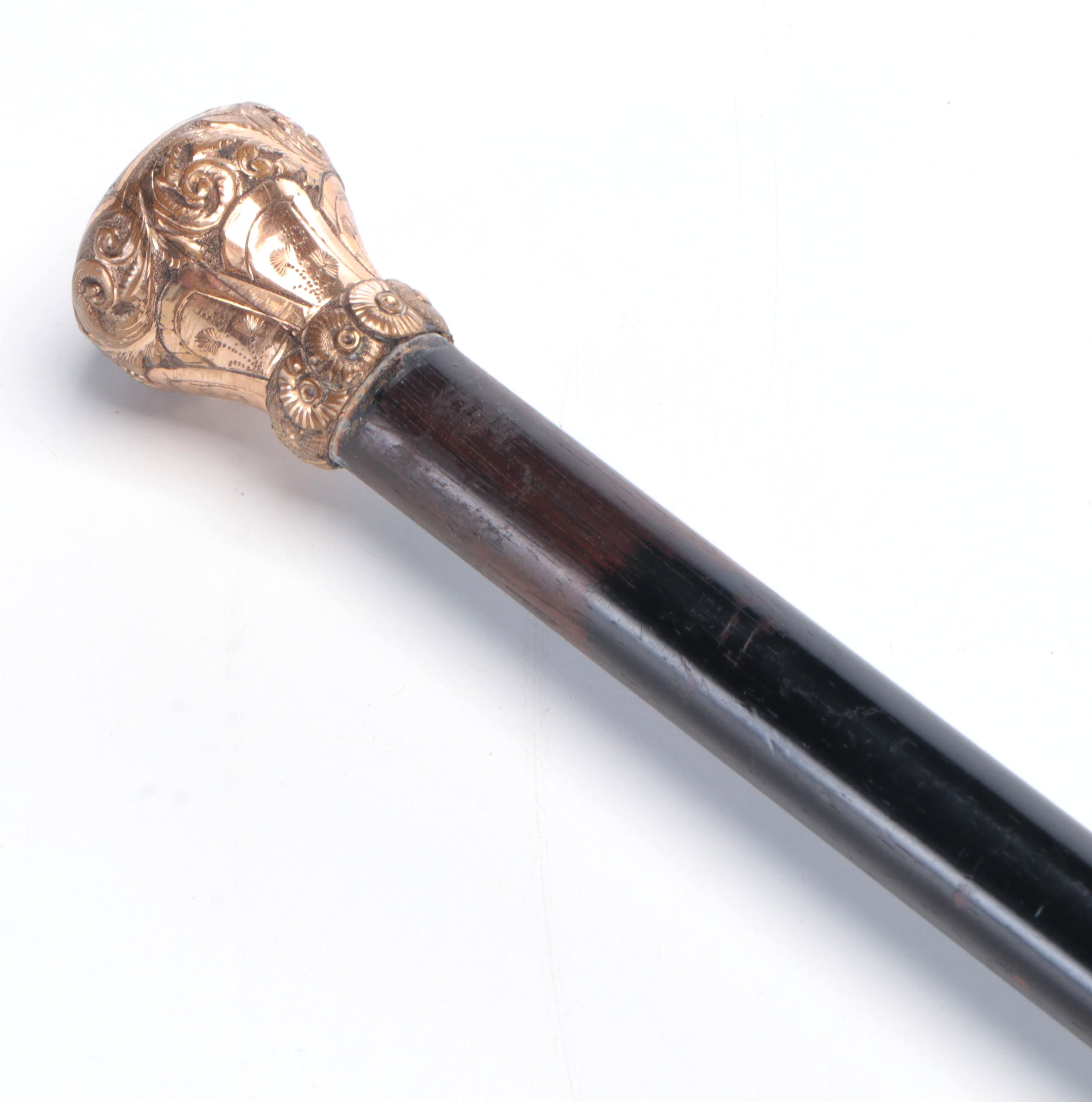 Late Victorian Painted Wood Walking Cane with Floral Gold Filled Knob