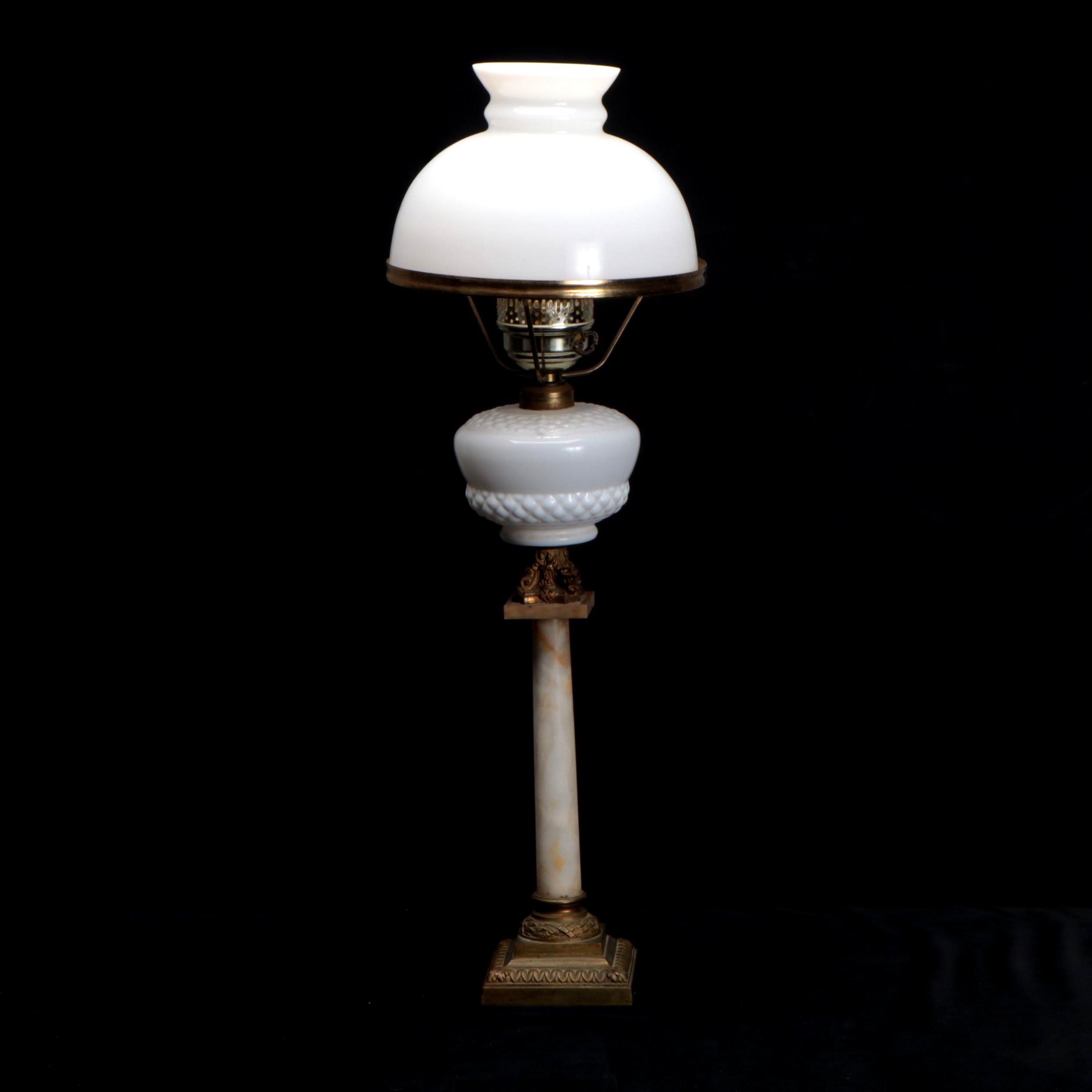 Victorian Milk Glass, Brass and Marble Buffet Style Lamp, Early/Mid-20th C.