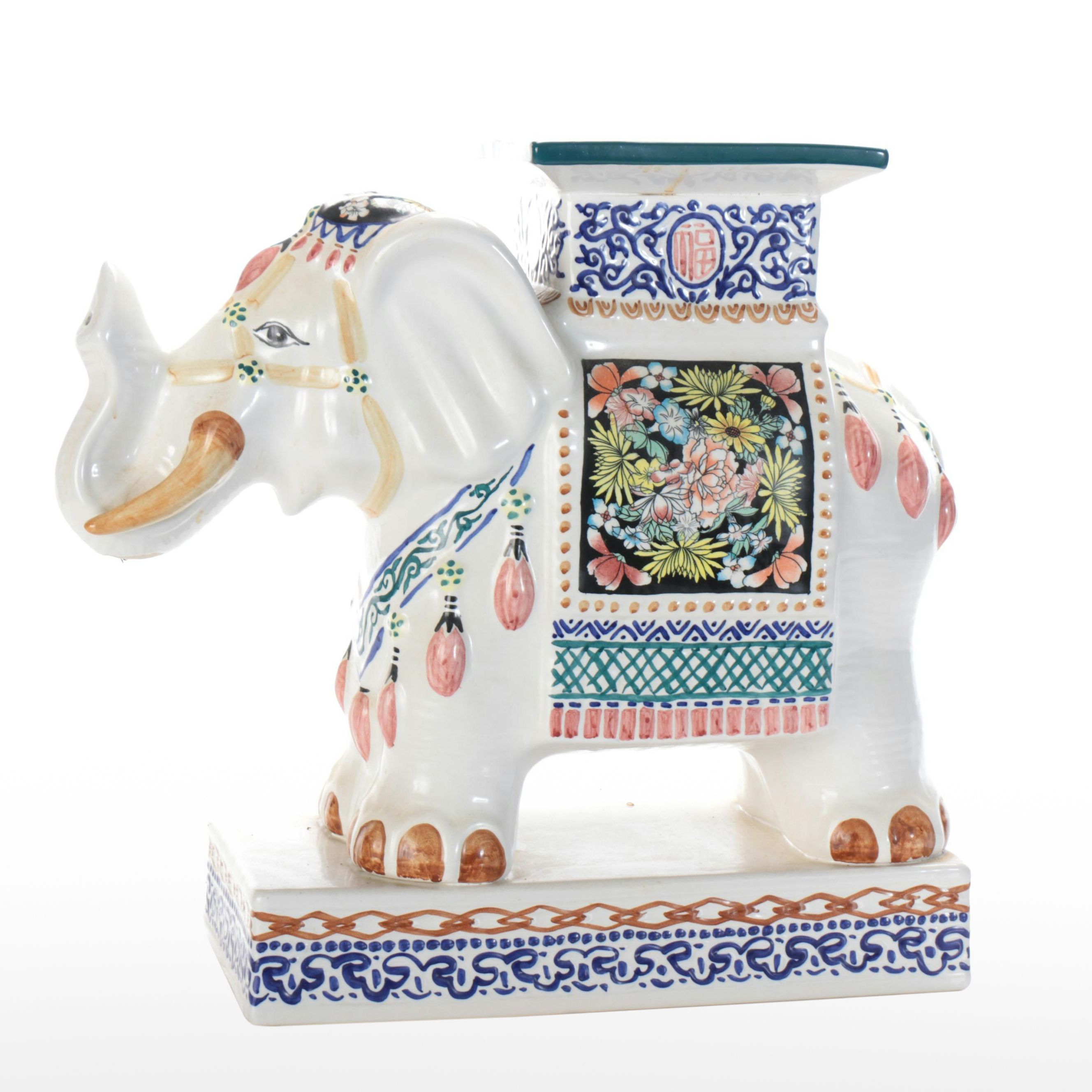 Hand-Painted Ceramic Elephant Garden Seat, Late 20th/Early 21st Century