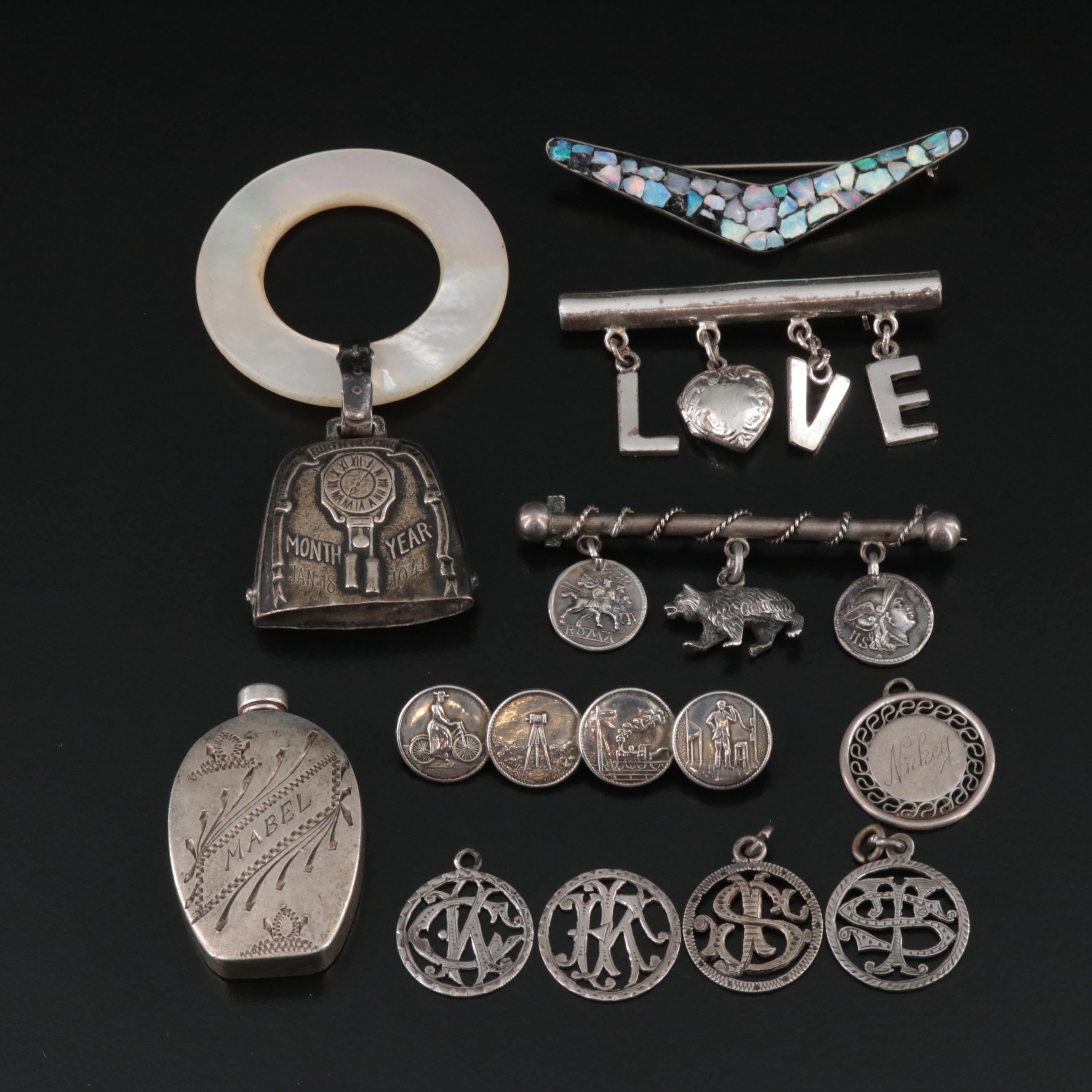 Collection of Antique Silver Jewelry Including Love Tokens and Austro-Hungarian