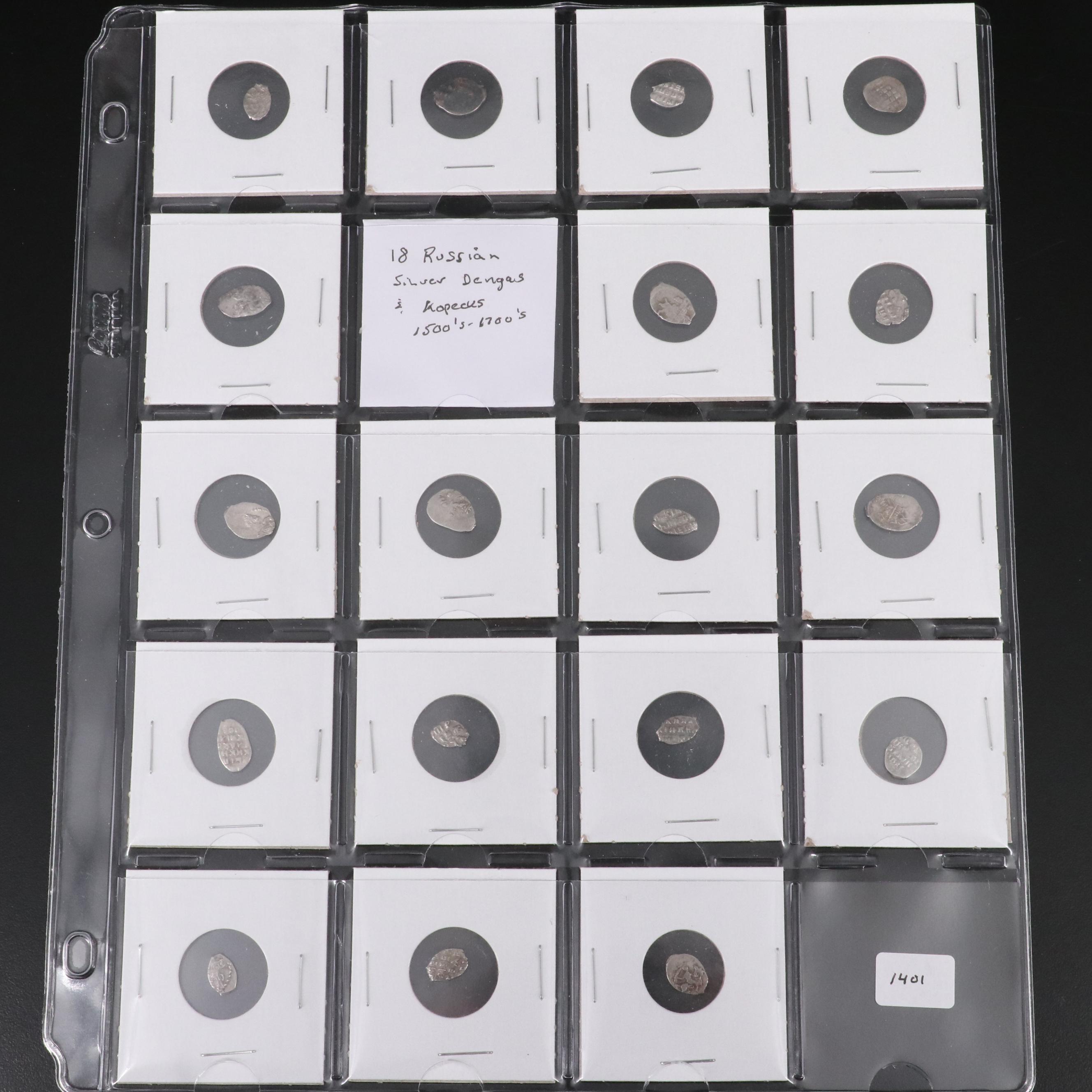 Eighteen Russian Silver "Wire Money" Coins, ca. 1500 to 1700