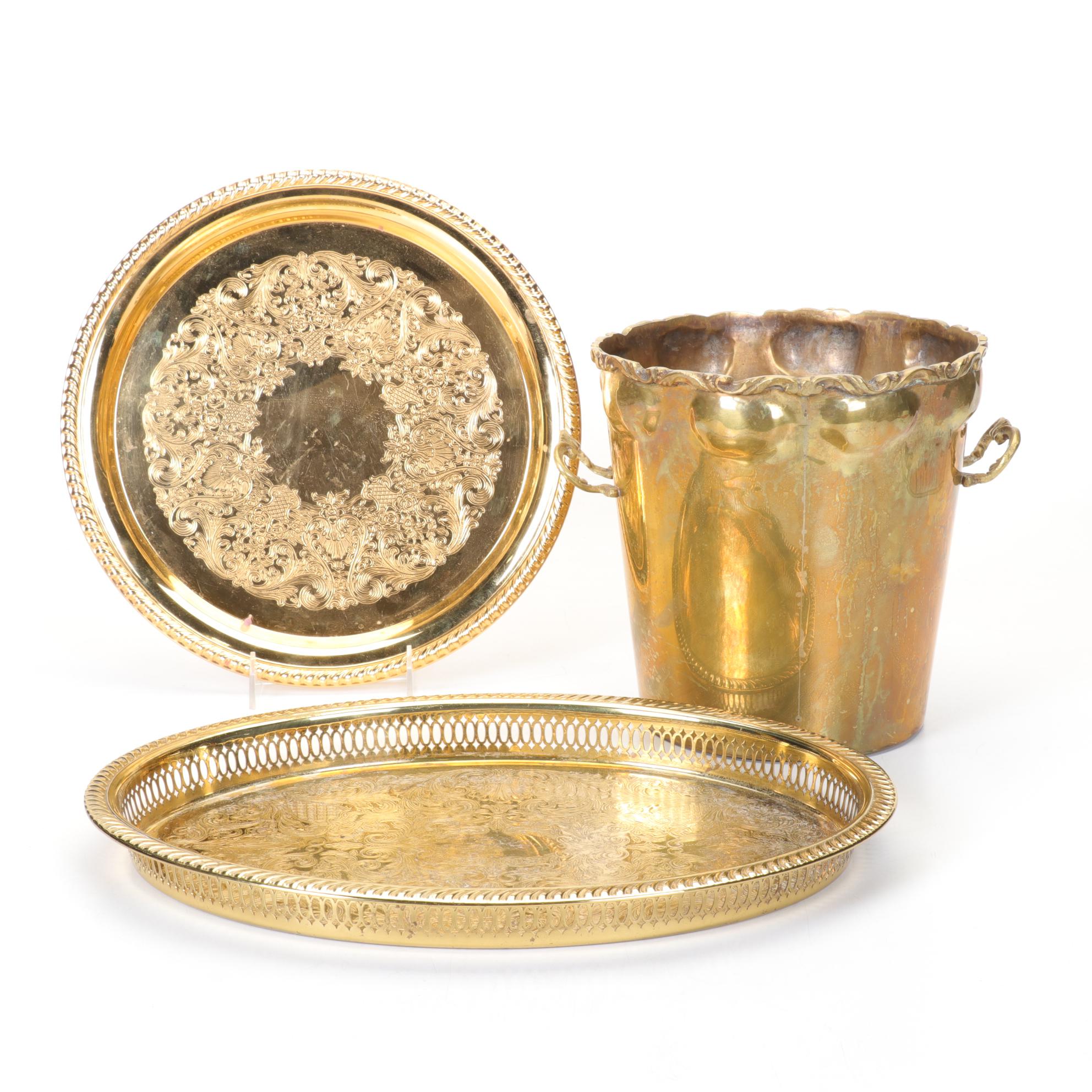 Polished Brass and Metal Champagne Bucket & Hors D'oeuvre Trays
