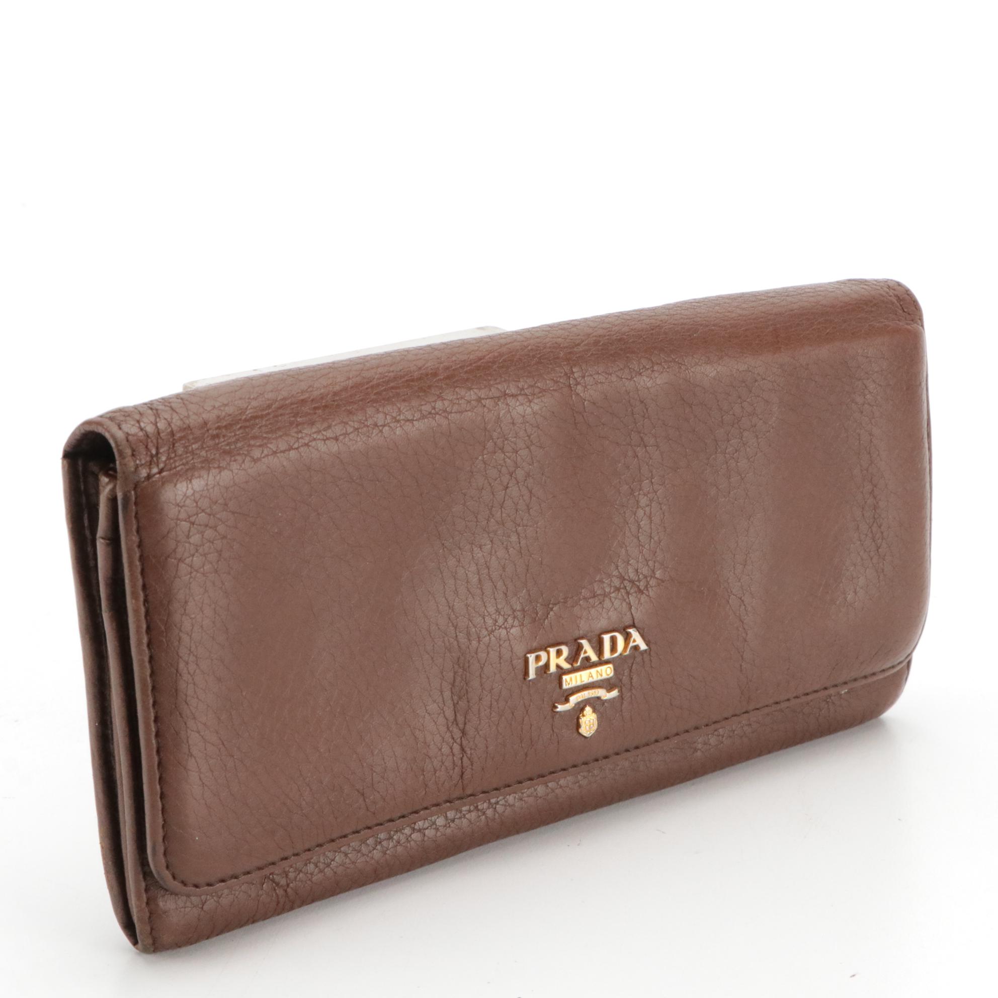 Prada Continental Flap Wallet in Dark Brown Cervo Calfskin Leather
