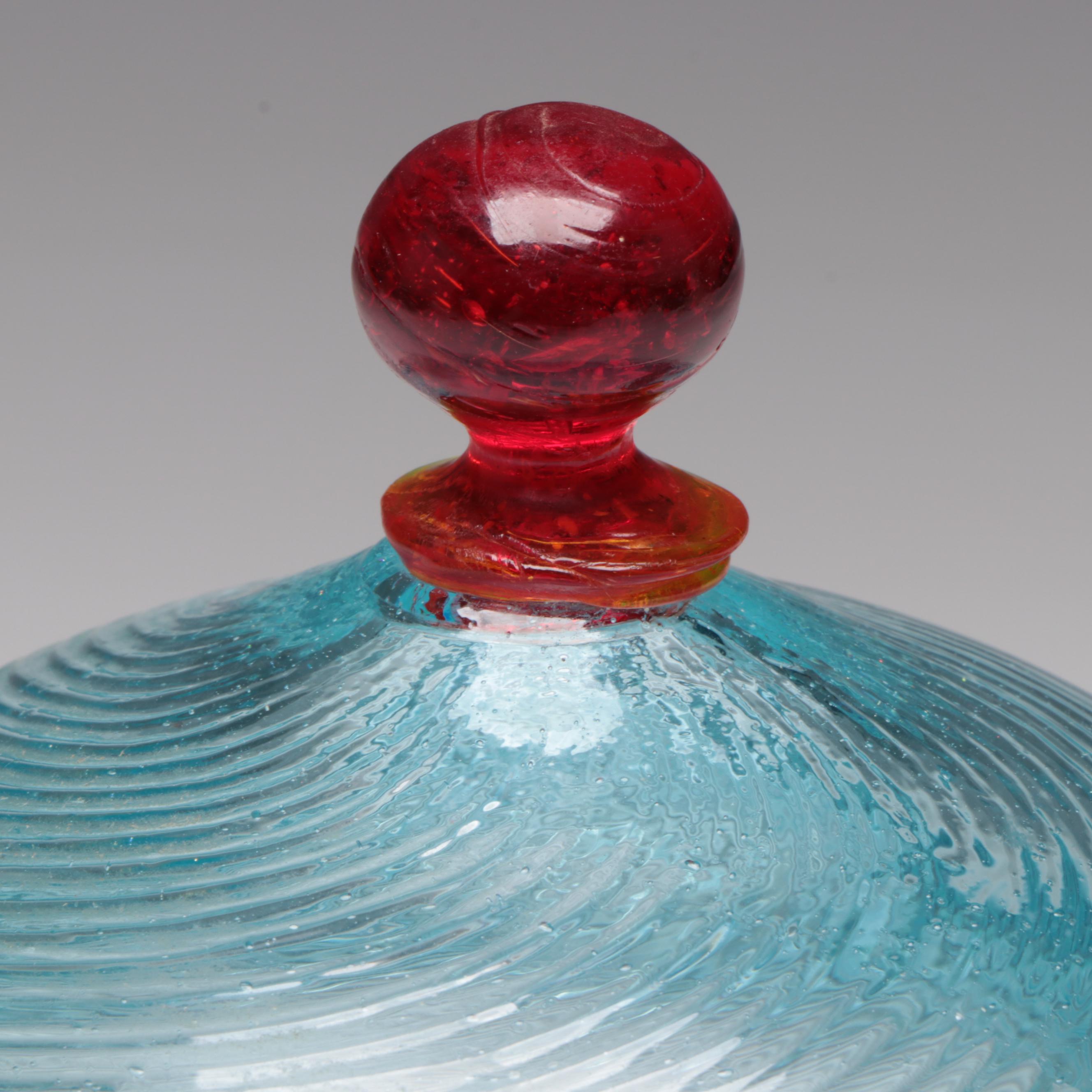 Roman Style Blown Ribbed Glass Jar with Applied Knob and Button Handles