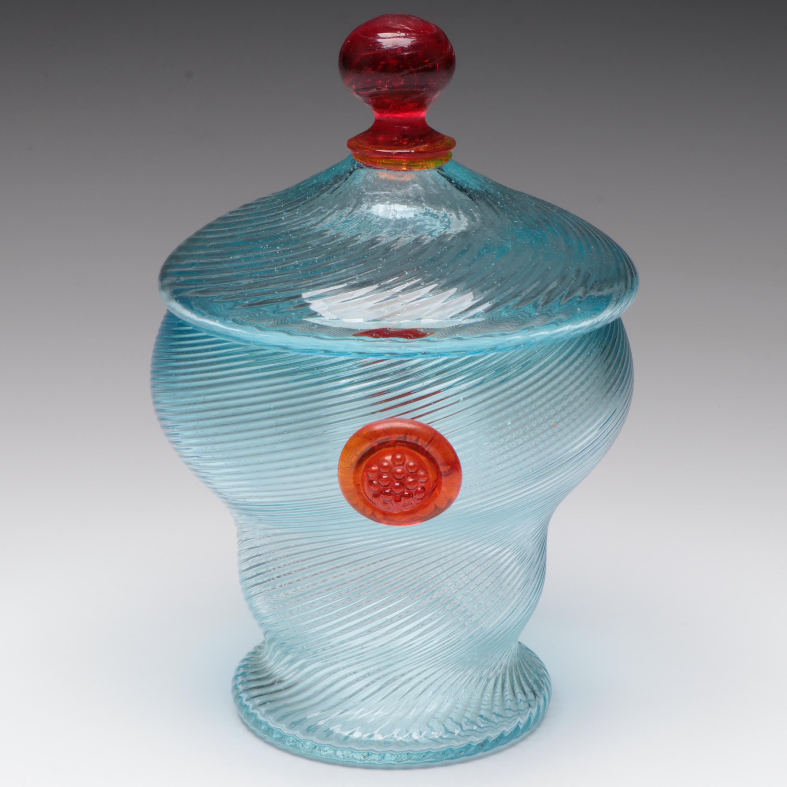Roman Style Blown Ribbed Glass Jar with Applied Knob and Button Handles