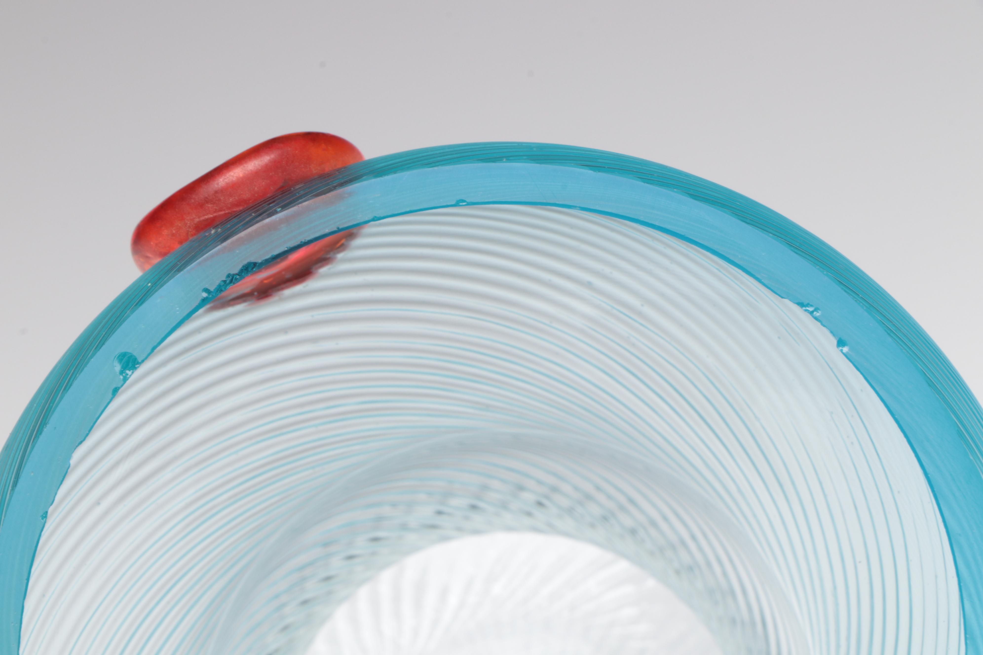 Roman Style Blown Ribbed Glass Jar with Applied Knob and Button Handles