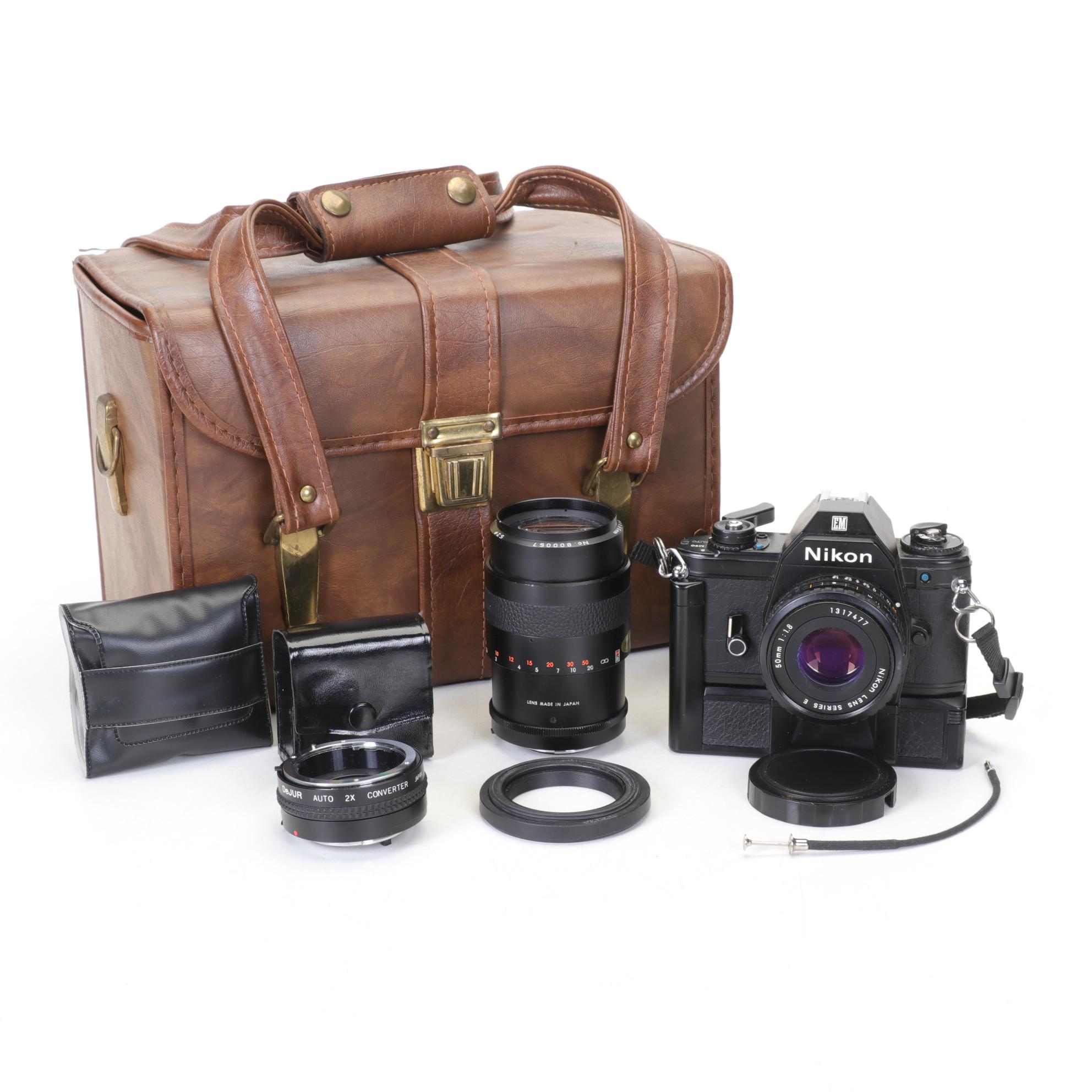 Nikon EM SLR with f/1.8 50mm and Other Camera Accessories
