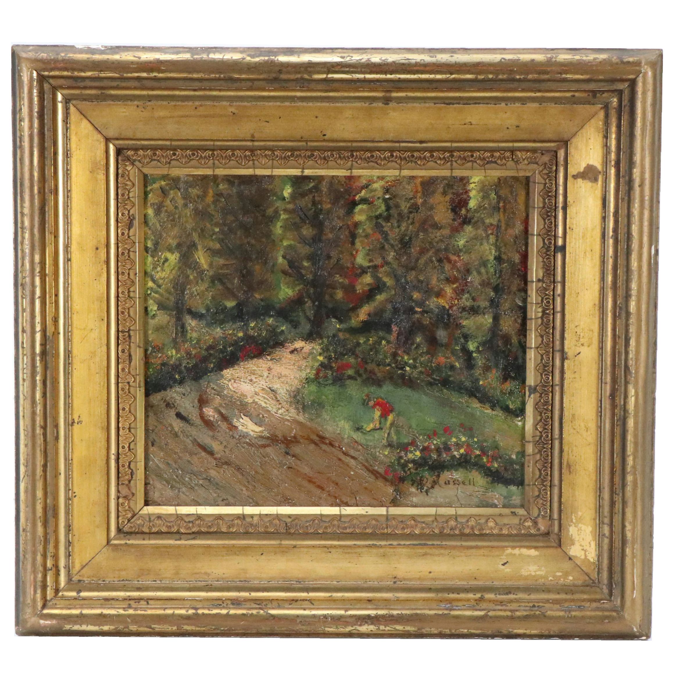 O. Russell Wooded Landscape Oil Painting of Figure