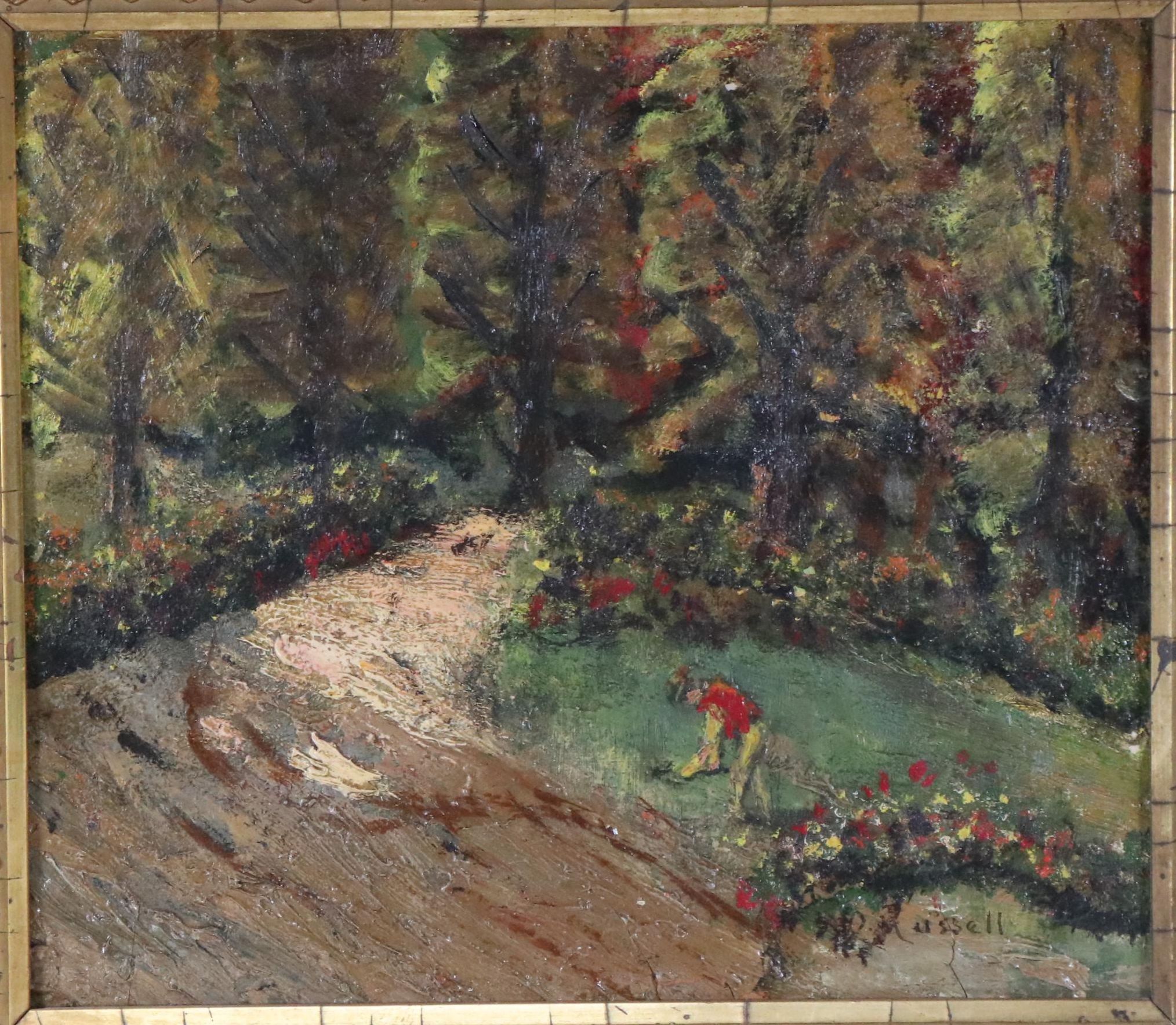 O. Russell Wooded Landscape Oil Painting of Figure