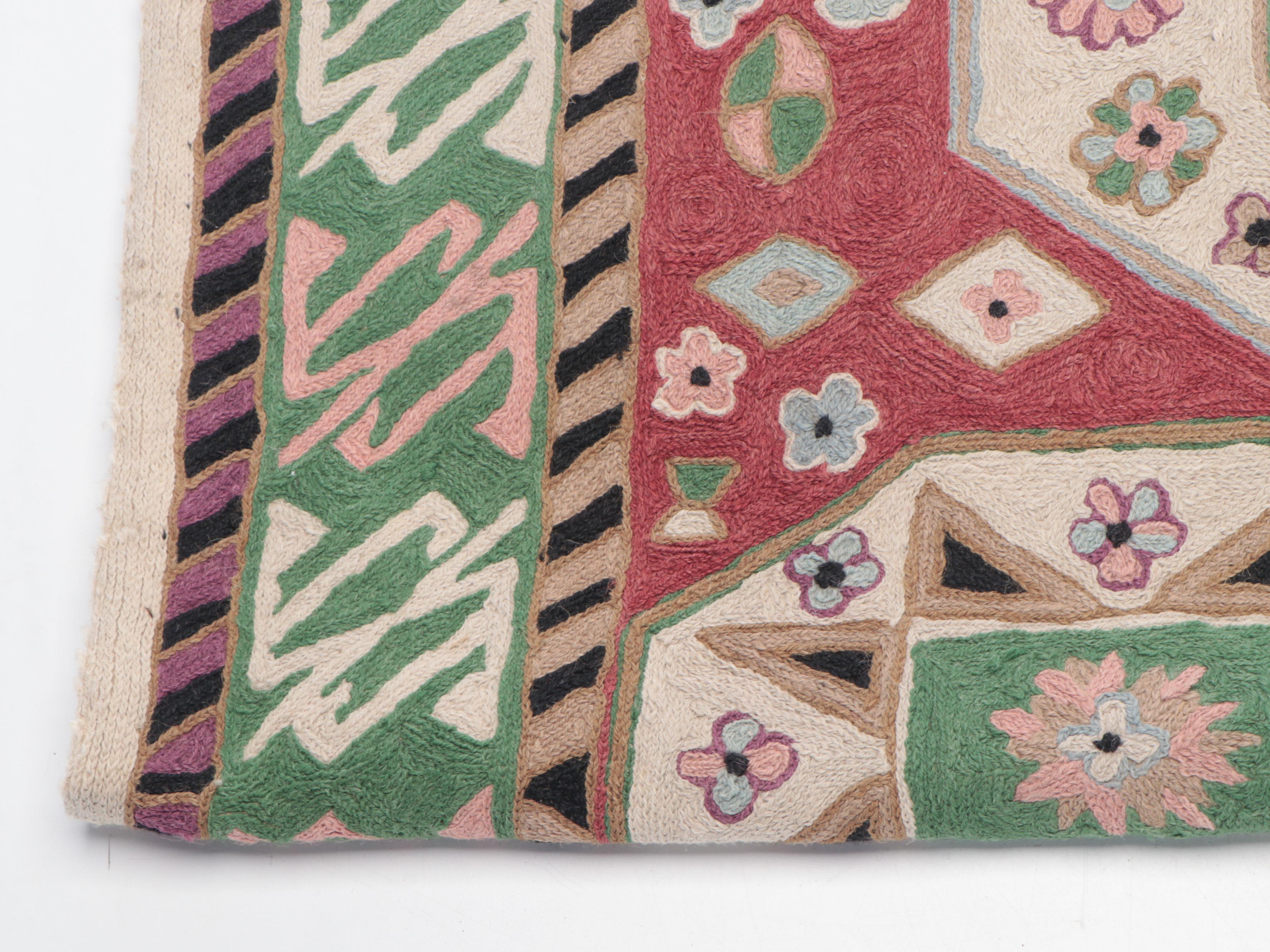 3' x 5' Handmade Indian Chain-Stitch Rug With Batik Prints and Fabric Remnants