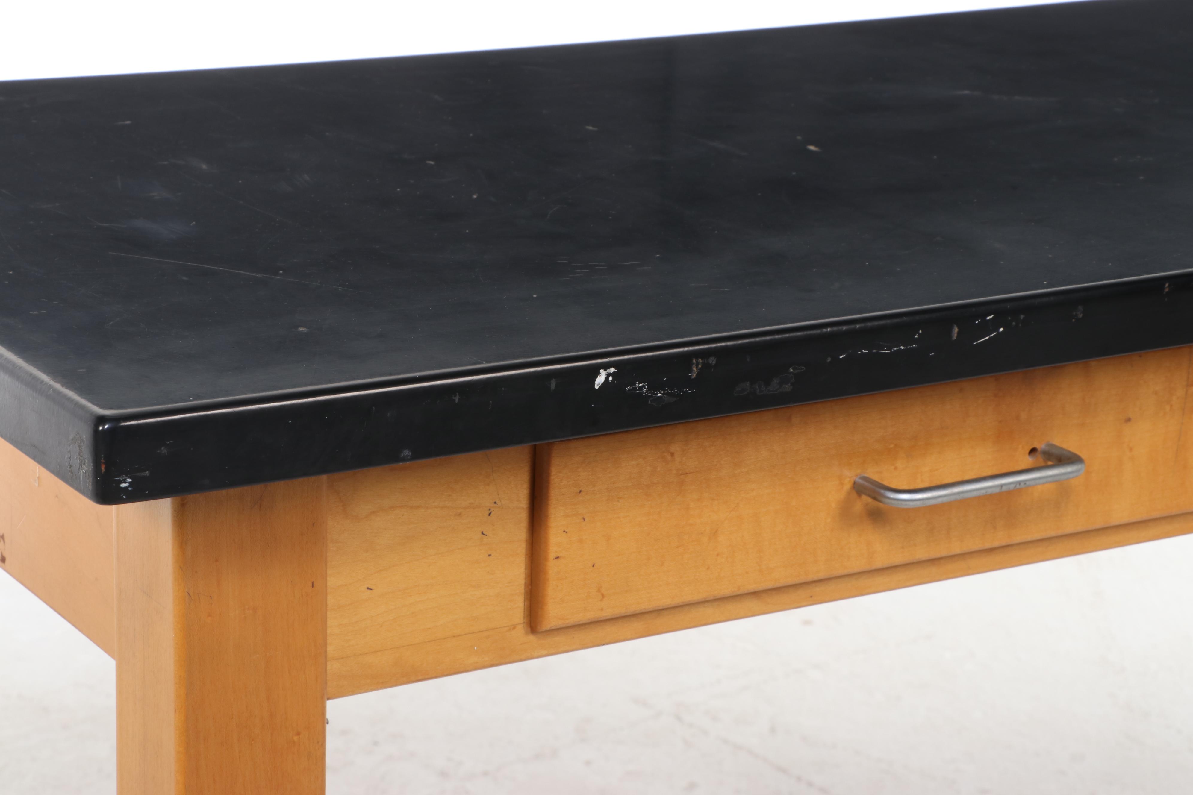 Figured Maple and Black Laminate Two-Drawer Work Table