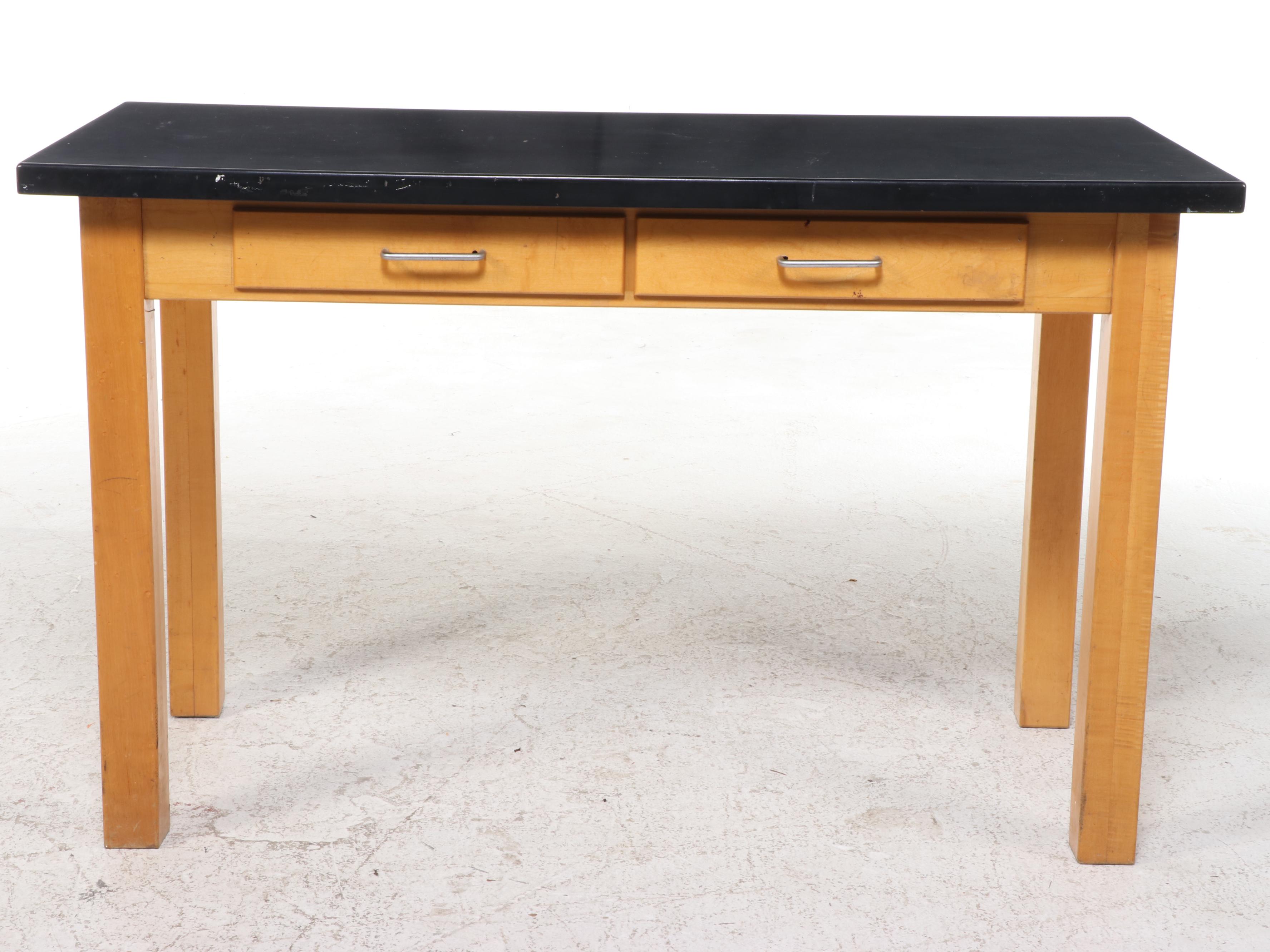 Figured Maple and Black Laminate Two-Drawer Work Table